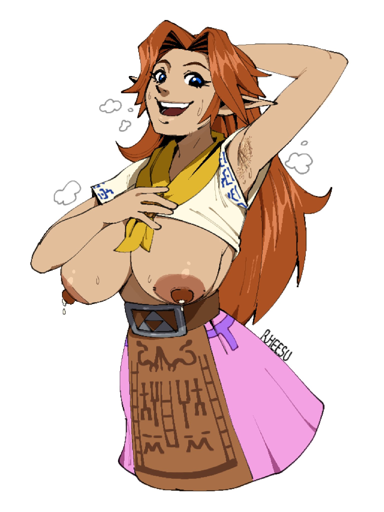 1girls, armpit hair, armpit stubble, armpits, arms up, breasts out, brown hair, chestnut hair, cremia, crop top, female, female only, grin, lactation, large breasts, long hair, majora's mask, malon, nintendo, ocarina of time, pointy ears, presenting, presenting armpit, rheesu, sagging breasts, shirt lift, solo, steam, steaming body, sweat, sweaty, the legend of zelda
