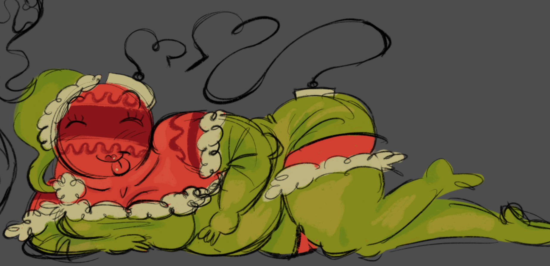 :), 1girls, bobette (dandy's world), chubby, chubby female, dandy's world, dandys world, fat ass, female, festive, festive clothing, green clothing, happy, joyous, laying down, posing, posing for the viewer, santa costume, santa hat, solo, solo female