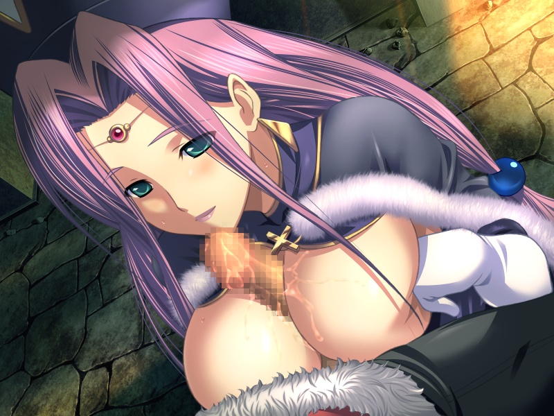 atelier_kaguya blue_eyes breasts censored clothing color dungeon_crusaderz_(series) dungeon_crusaderz_2 female game_cg gloves hat large_breasts m&m_(mickey_and_mackey) milia_saloin outercourse paizuri penis priest purple_hair saliva