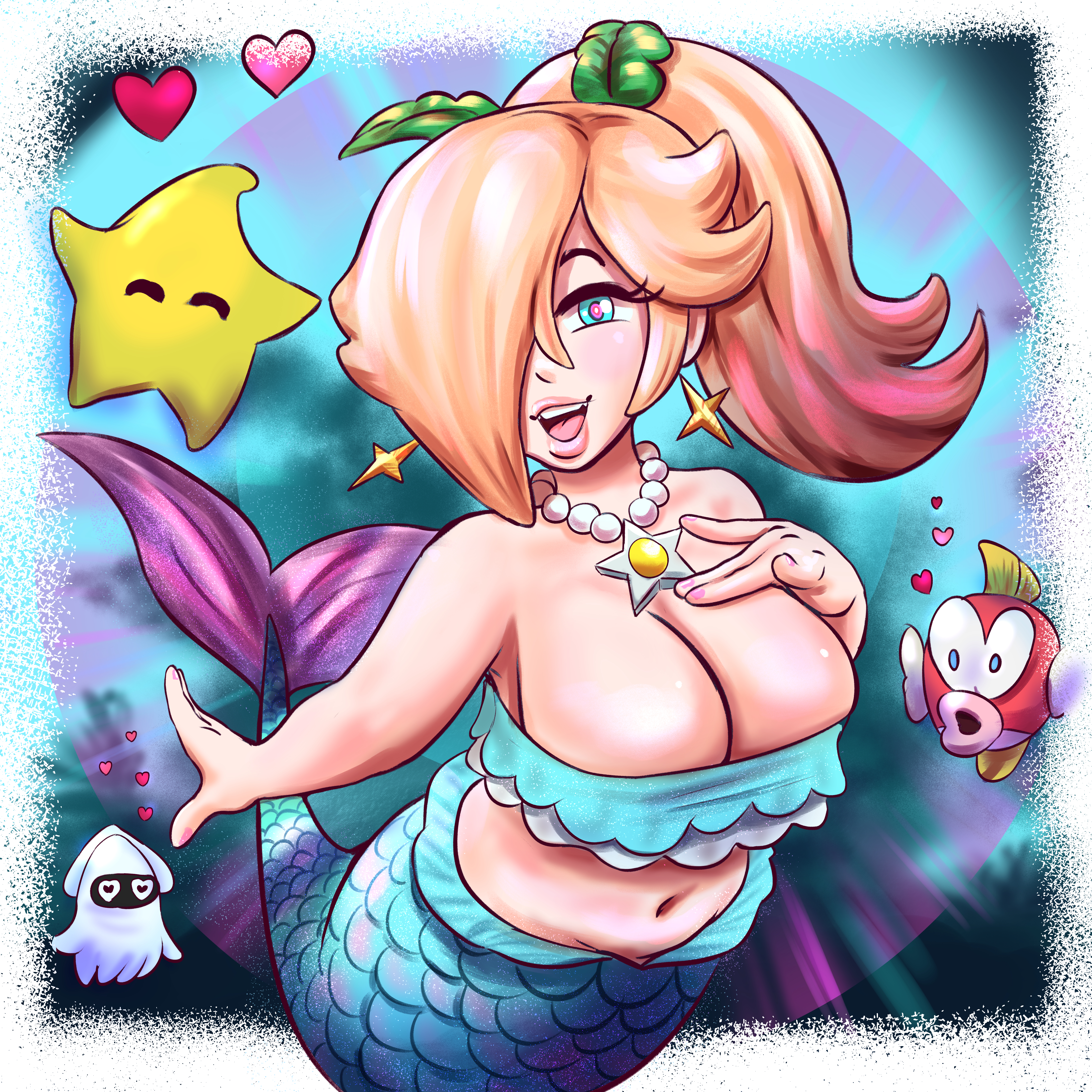 1:1, 1girls, 2020s, absurd res, big breasts, blonde hair, blooper, cheep cheep, female, hair over one eye, huge breasts, jpeg, luma, mario (series), merfolk, mermaid, mermaid girl, mermaid tail, necklace, nintendo, paramour cruz, paramourcross, ponytail, princess, princess peach: showtime!, princess rosalina, source request, super mario galaxy, underwater, water