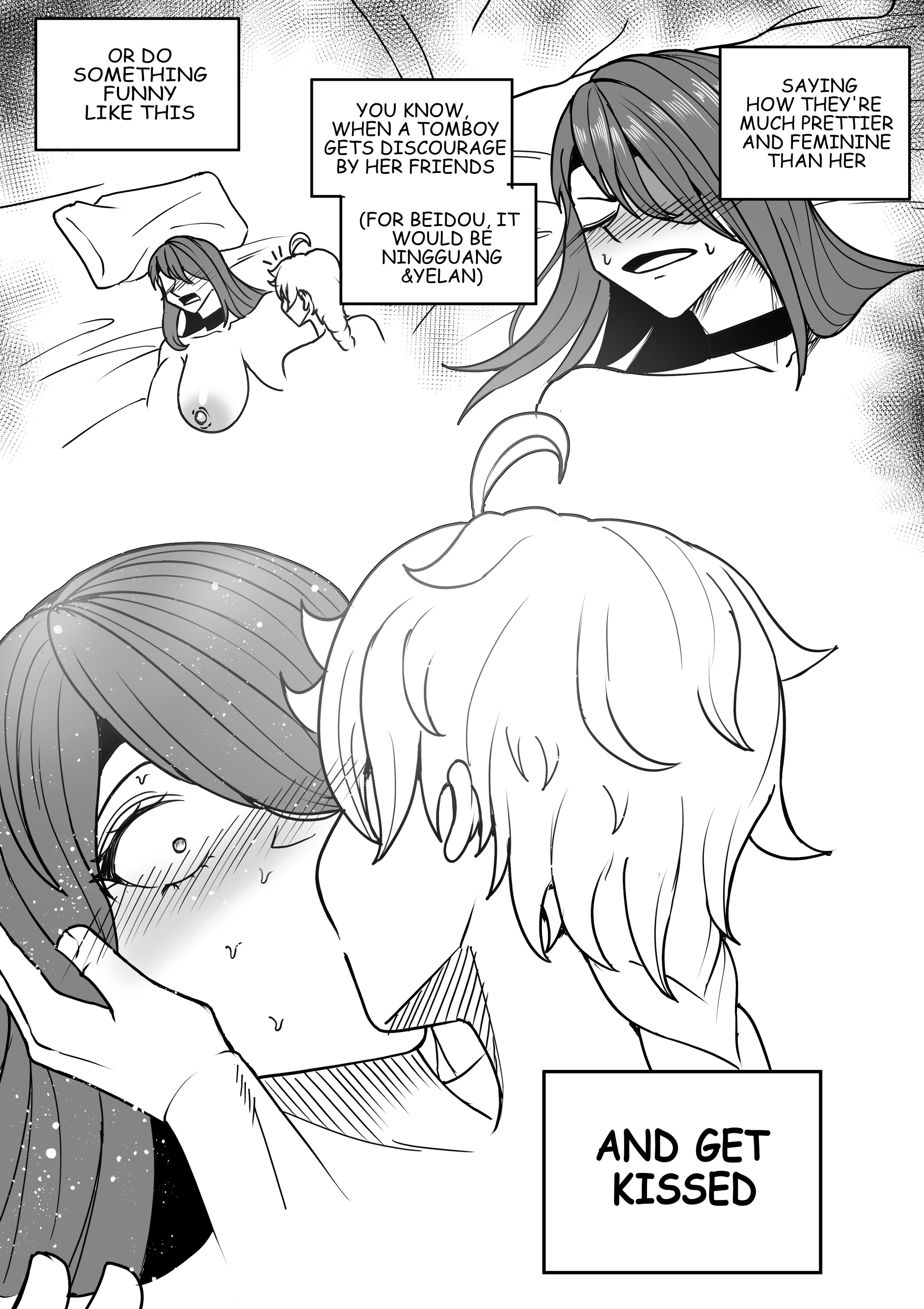 1boy, 1girls, aether (genshin impact), after sex, age difference, arms, bed, bedroom, bedroom setting, beidou (genshin impact), big breasts, big nipples, black and white, blush, blush lines, blushing face, blushing female, blushing lines, breasts, caress, caressing, caressing face, choker, closed eye, completely naked, completely naked female, completely naked male, completely nude, completely nude female, completely nude male, drawing, duo, english, english commentary, english language, english subtitles, english text, eye closed, eye contact, eye open, eye patch, eyepatch, eyes, eyes open, face grab, face grabbing, face hold, face holding, female, female human, female on male, female with male, female/male, fingers, fully naked, fully naked female, fully naked male, fully nude, fully nude female, fully nude male, genshin impact, grabbing, grabbing another's face, grabbing face, hair, hand on another's face, hand on face, hands, holding, holding another, holding another's face, holding face, hoyoverse, human, human female, human on male, indoor, indoors, kiss on lips, kissing, large breasts, large nipples, large tits, laying, laying back, laying down, laying on back, laying on bed, legs, long hair, long hair female, long hair male, long haired, long-haired female, long-haired male, looking at another, looking at each other, looking at partner, lying, lying back, lying down, lying on back, lying on bed, male, male on female, male on human, male with female, male/female, mihoyo, naked, naked female, naked female naked male, naked female with naked male, naked male, naked male naked female, naked male with naked female, no clothes, no clothing, no color, nude, nude female, nude female nude male, nude male, nude male nude female, nwoidn, older, older female, older female and younger male, on bed, one eye covered, one eye open, open eye, ornament, straight, surprised, surprised expression, surprised face, surprised female, surprised look, surprised reaction, sweat, sweat on face, sweating, sweating female, sweaty face, text, text box, wholesome