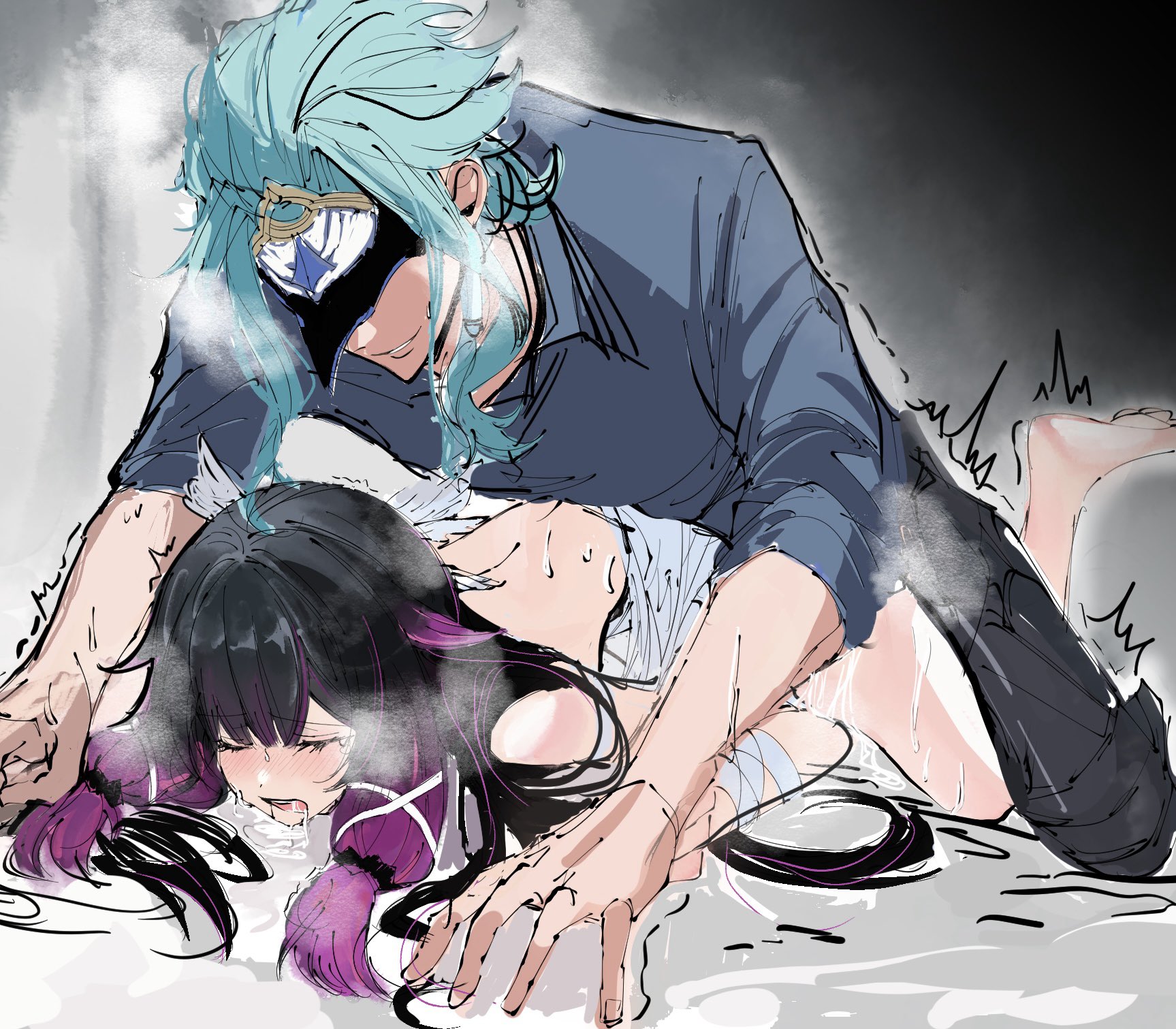 1boy, 1girls, ambiguous consent, black hair, blush, closed eyes, columbina (genshin impact), dottore (genshin impact), drooling, female, genshin impact, hoyoverse, male, mask, mihoyo, on stomach, prone bone, winter dog (alvis tayl96598)