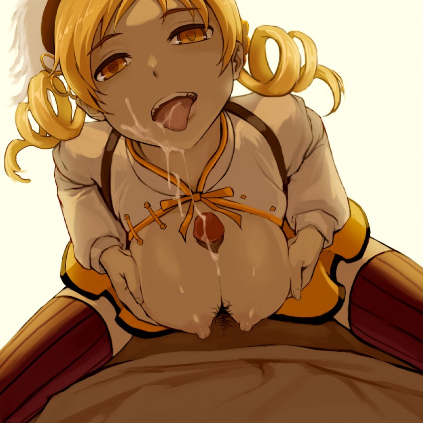 :q as109 beret blonde_hair breasts cum cum_in_mouth cum_on_body cum_on_breasts cum_on_tongue cum_on_upper_body cumshot drill_hair facial female hat large_breasts licking mahou_shoujo_madoka_magica male nipples open_mouth paizuri penis source_request spread_legs straddle straight thighhighs tied_hair titfuck titjob tomoe_mami tongue twintails uncensored yellow_eyes zettai_ryouiki