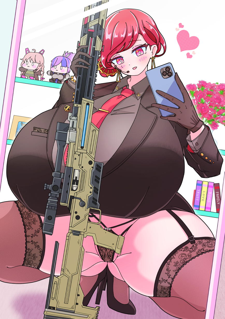 1girls, alternate breast size, ass, ass visible through thighs, big breasts, blush, blush lines, breast focus, breasts, breasts bigger than head, c-77 hongryeon, clothing, eyebrows, eyebrows visible through hair, eyelashes, female, female focus, female only, flower, gigantic breasts, gloves, gun, heart, heart symbol, high heels, holding object, holding phone, huge breasts, large breasts, large thighs, last origin, legs apart, massive breasts, mirror, mirror selfie, nymph 0010, panties, phone, red eyes, red hair, solo, solo female, solo focus, squatting, suit, thick thighs, thighs, tie, top heavy, top heavy breasts, underwear