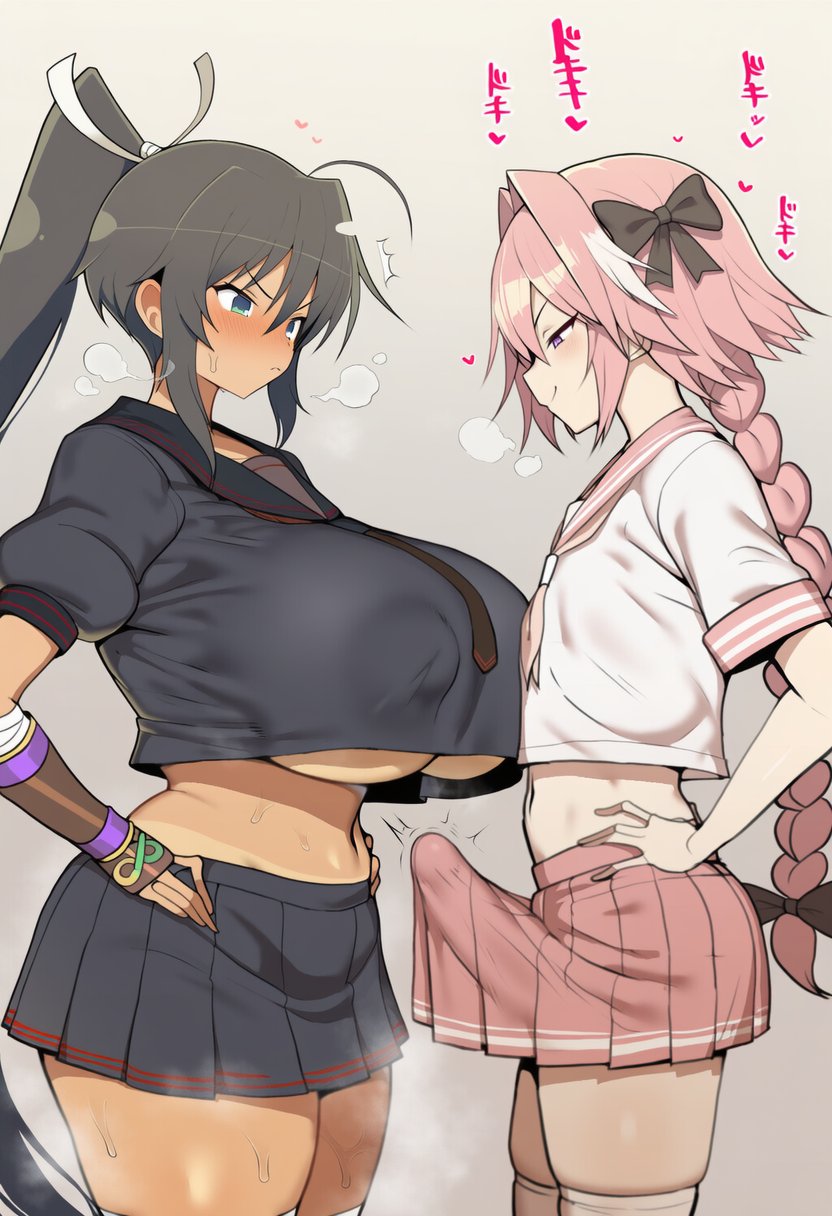 ai generated, astolfo (fate), fate (series), femboy, femboy on female, femboydom, homura (senran kagura), hung trap, penis under skirt, senran kagura, small but hung, wumiai