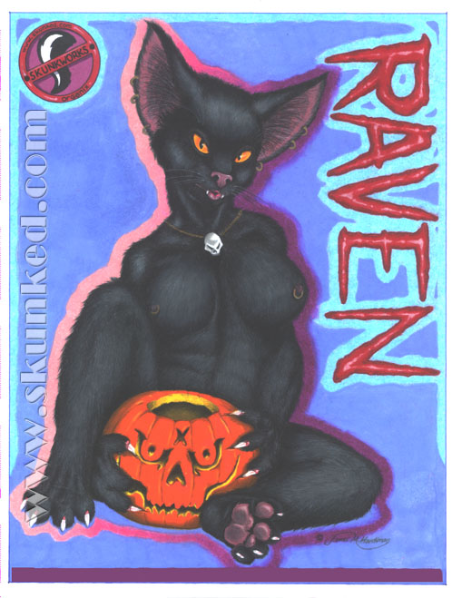 anthro black_cat breasts claws fangs feline female fur furry halloween hindpaw jack-o'-lantern james_m_hardiman looking_at_viewer necklace nude piercing pumpkin raven_(character) sitting skull solo