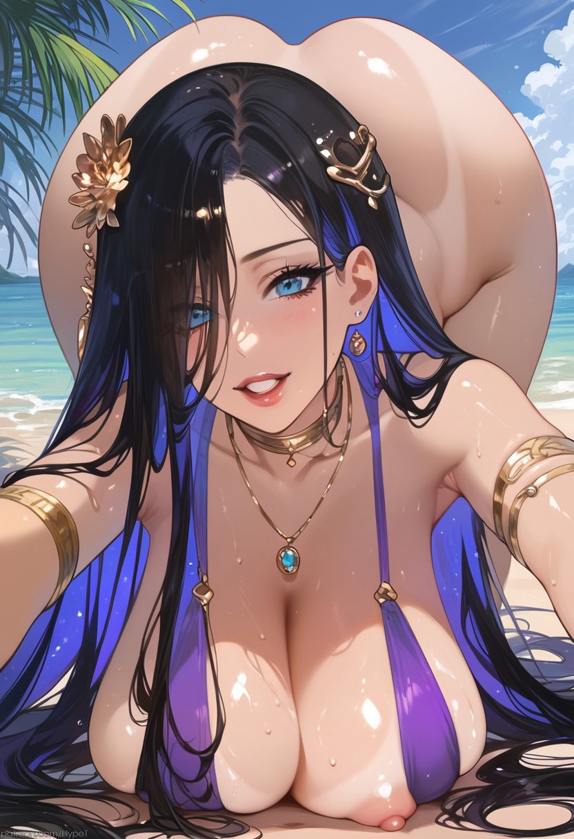 ai generated, beach, big breasts, bikini aside, bikini top, black hair, brown dust 2, eclipse (brown dust 2), female, female only, giant breasts, hypet, long hair, nipples, shiny skin, smile, solo, tagme, thick, thick ass, thick thighs, thighhighs, thighs, wet body