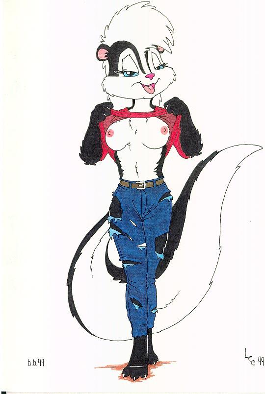 1990s 1999 20th_century anthro blue_eyes breasts desiree_lee female looking_at_viewer skunk solo standing torn_jeans