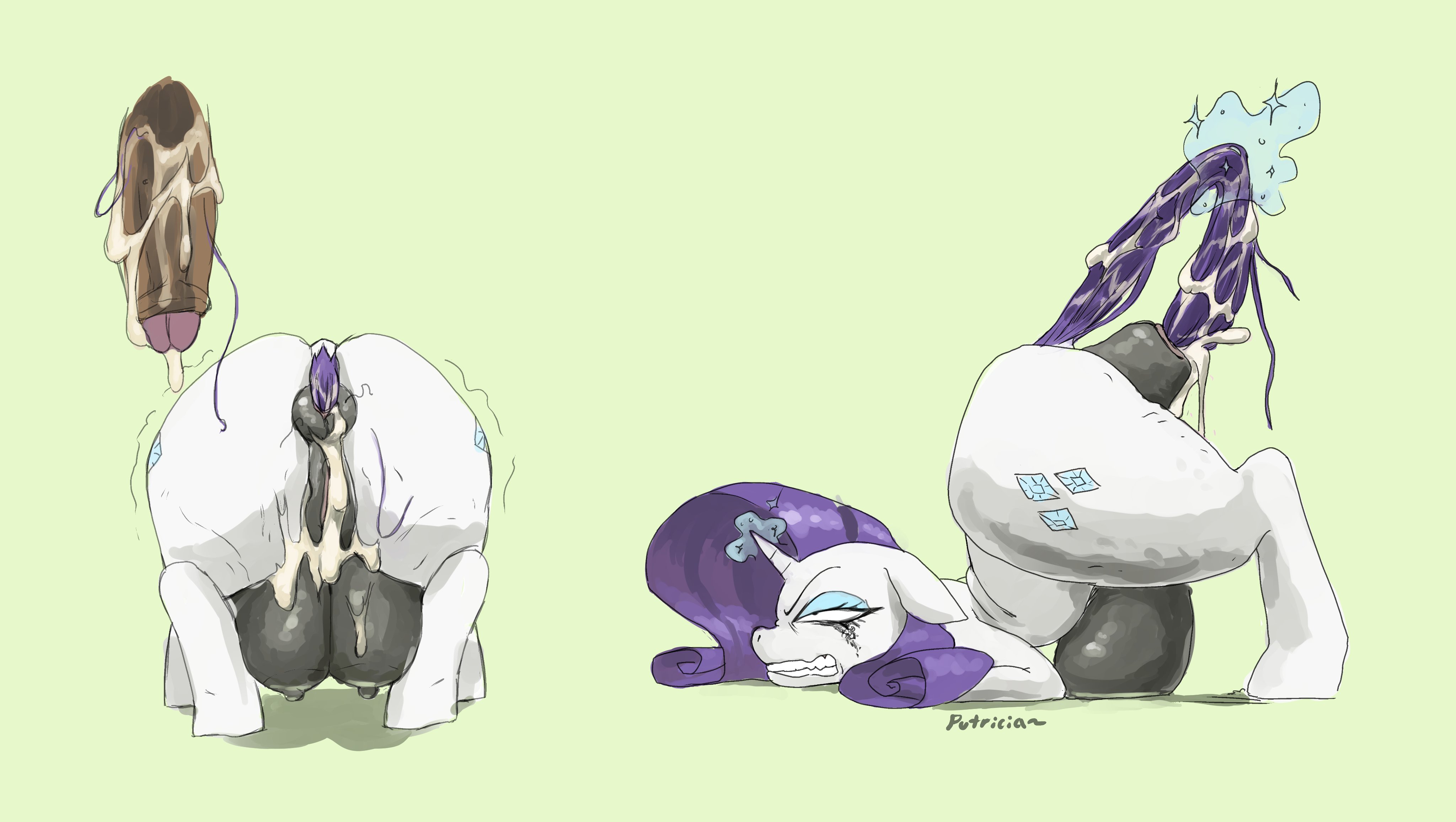 1girls, after anal, after sex, angry, angry expression, angry face, ass, big breasts, blue eyeshadow, breasts, crotchboobs, cum in ass, cum inside, cutie mark, disembodied penis, equine, equine genitalia, equine pussy, face down ass up, female, female focus, feral, forced in by cock, friendship is magic, hasbro, hi res, highres, horse, horse tail, huge ass, huge breasts, huge cock, my little pony, overflowing cum, ponut, pony, puffy anus, purple hair, purple mane, purple tail, putricia, rarity (mlp), running mascara, runny makeup, tail in ass, tail in own ass, thick thighs, trembling, unicorn, unicorn horn, upset, white fur