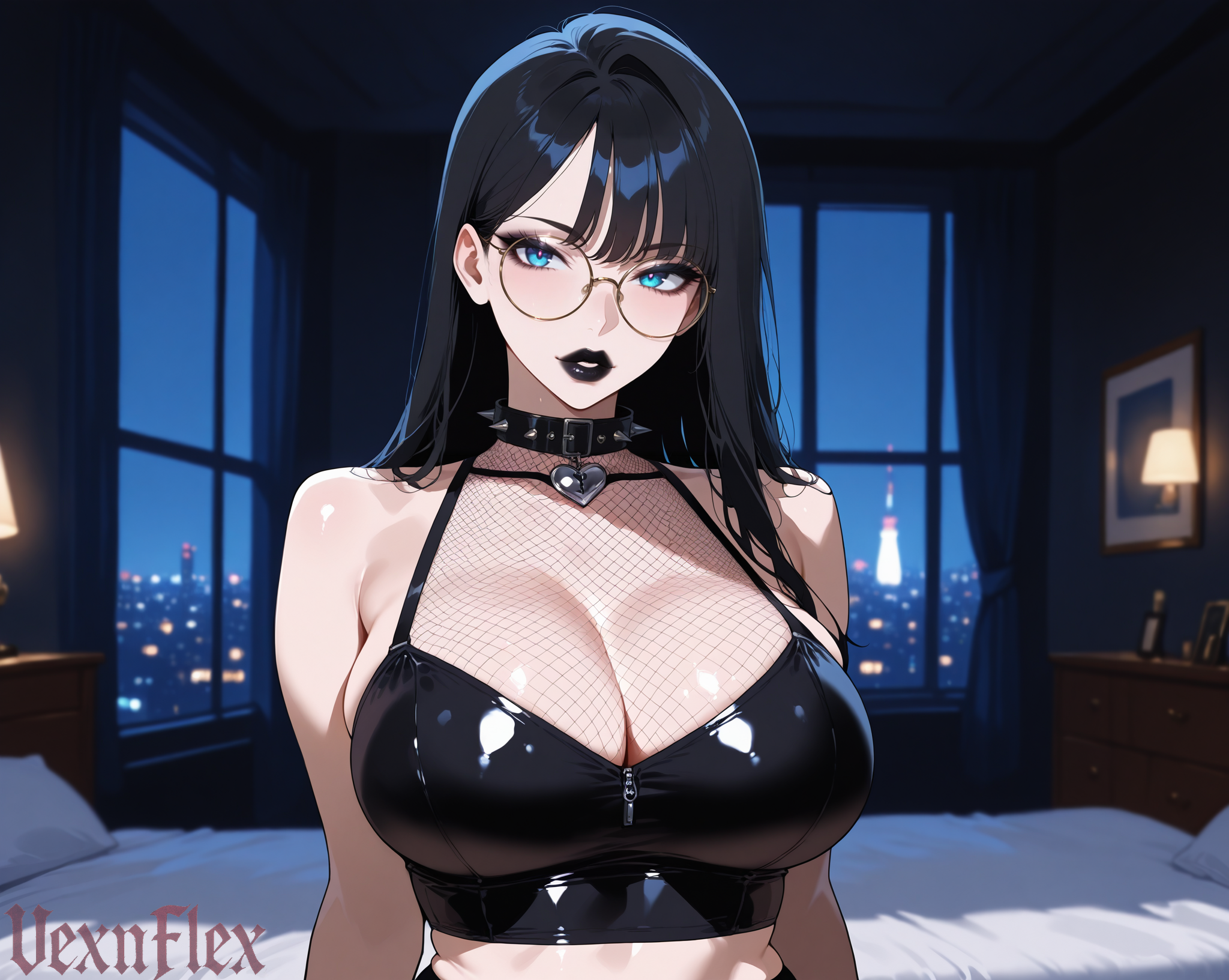 ai generated, bangs, bare shoulders, black hair, black lips, blue eyes, breasts, bustier, cleavage, collar, female, glasses, goth, goth girl, hi res, high resolution, highres, indoors, large breasts, long hair, looking at viewer, makeup, night, patreon, patreon username, rosa (vexnflex), solo, spiked collar, spikes, stable diffusion, vexnflex, watermark, window