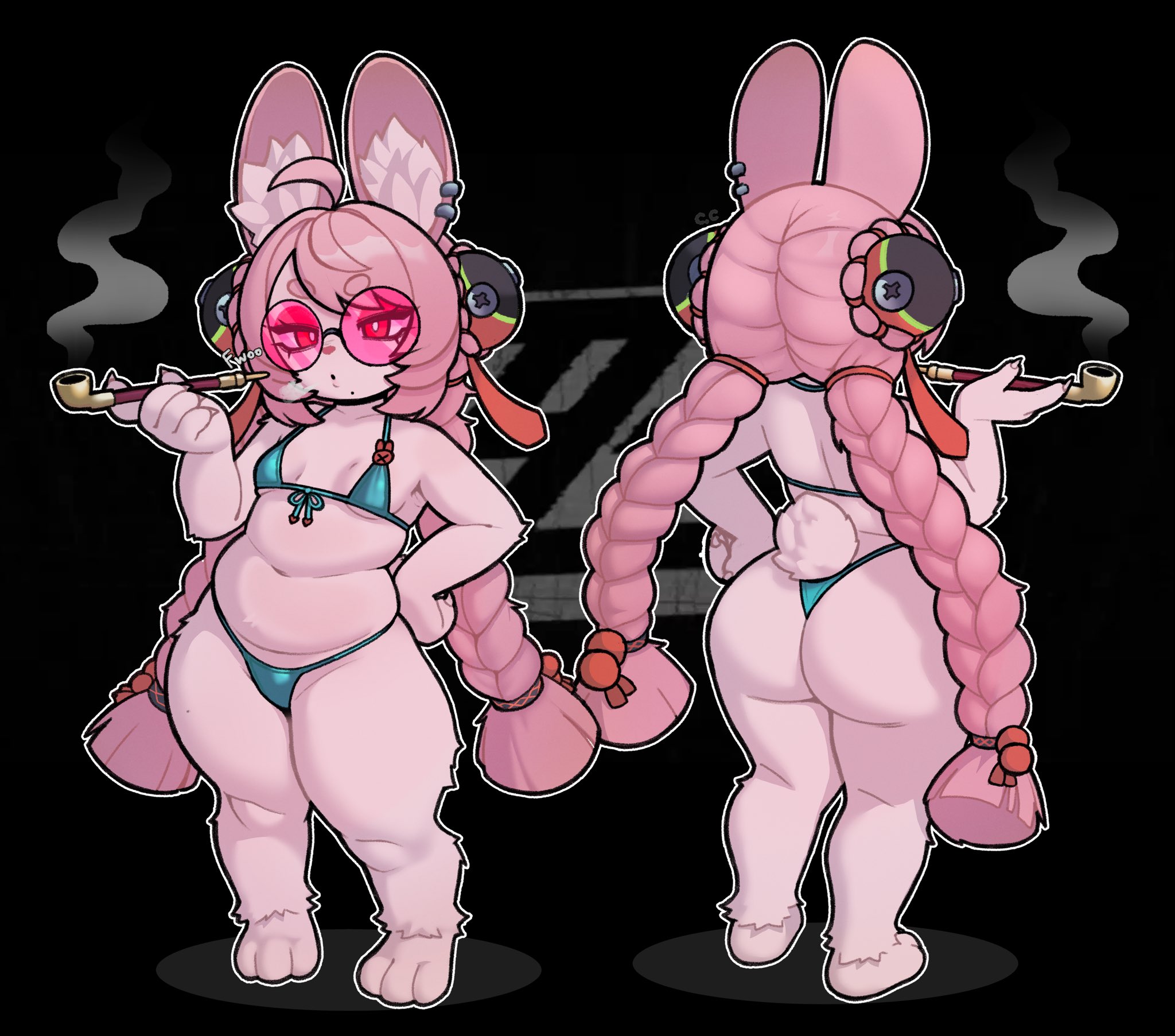 1girls, anthro, ass, big ass, bikini, breasts, bubble butt, champchidi, fat ass, female, female only, furry, furry only, glasses, kiseru, lagomorph, large ass, pink fur, pink hair, pipe smoking, rabbit, shortstack, smoking, solo, swimsuit, tail, thick ass, thick thighs, thiren, wide hips, zenless zone zero, zhao (zenless zone zero)