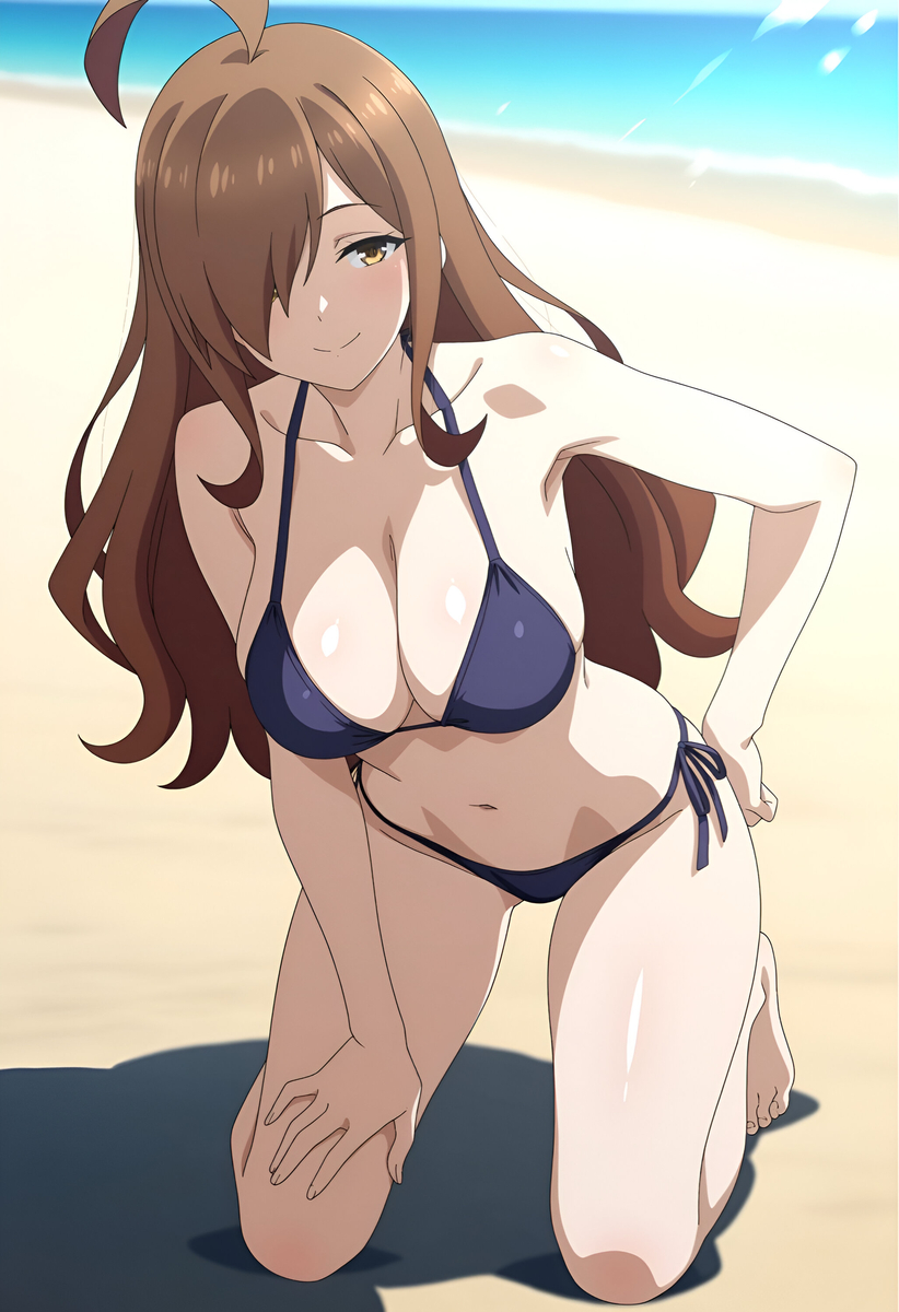 1girls, ai generated, bikini, blue bikini, brown hair, clothed, clothed female, duderu vanilla, female, female only, hair over one eye, halter bikini, halterneck, kneeling, kono subarashii sekai ni shukufuku wo!, solo, swimsuit, wiz (konosuba)