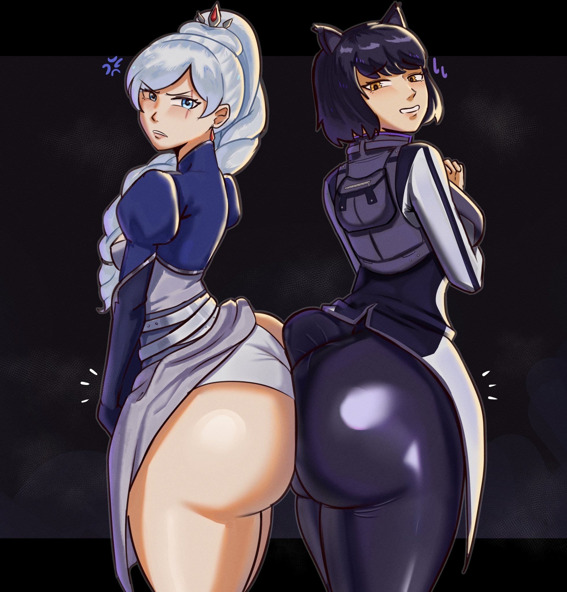2girls, ass, ass focus, ass to ass, big ass, black hair, blake belladonna, breasts, clothed, clothing, duo, female, female only, light skin, light-skinned female, multiple girls, province (artist), rwby, textless, weiss schnee, weiss schnee (atlas), white hair