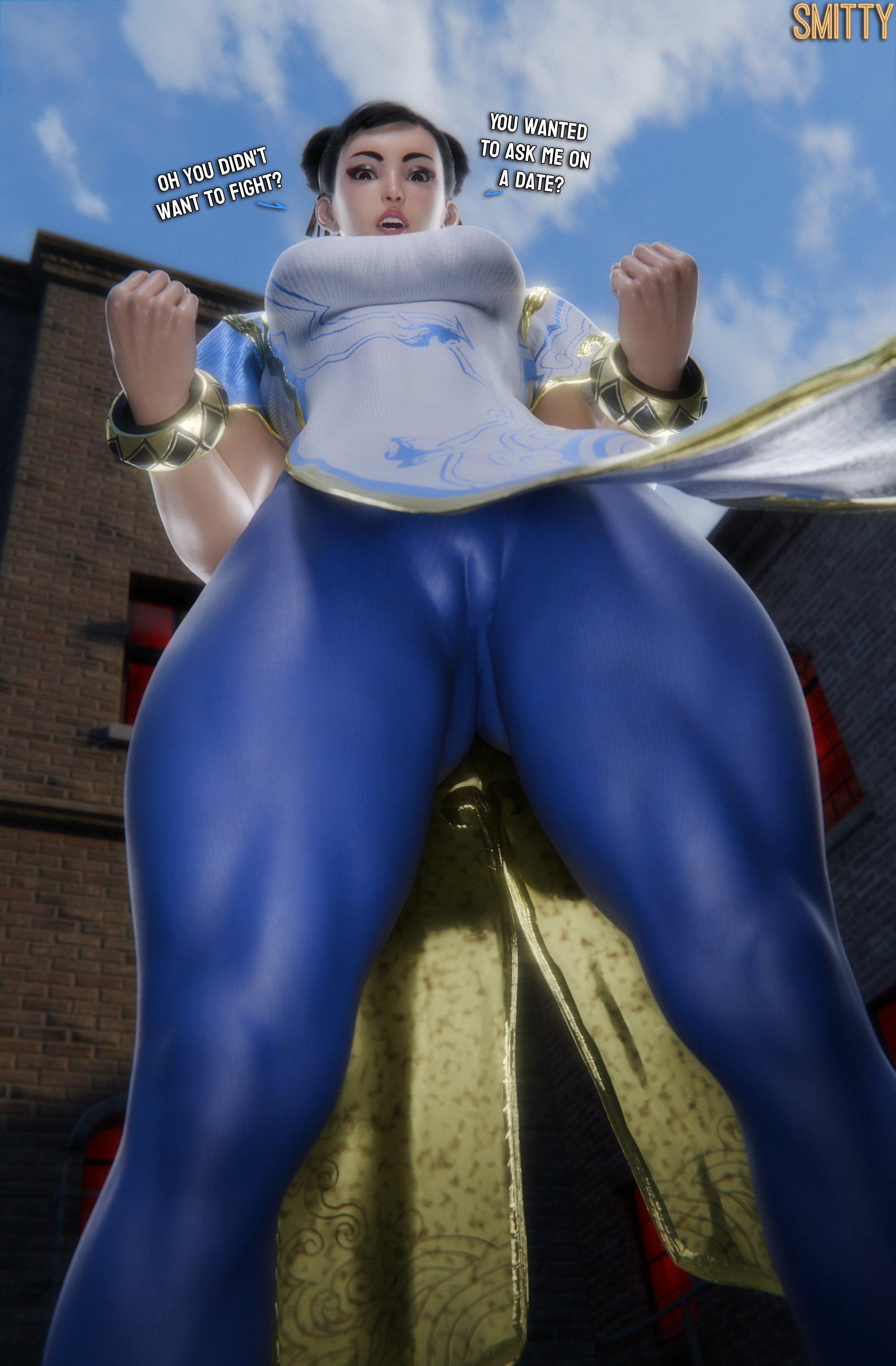 1girls, 3d, 3d (artwork), below view, blue leggings, blue legwear, cameltoe, chun-li, chun-li (street fighter 6), leggings, looking at viewer, mature female, milf, older female, smitty34, street fighter, street fighter 6, text