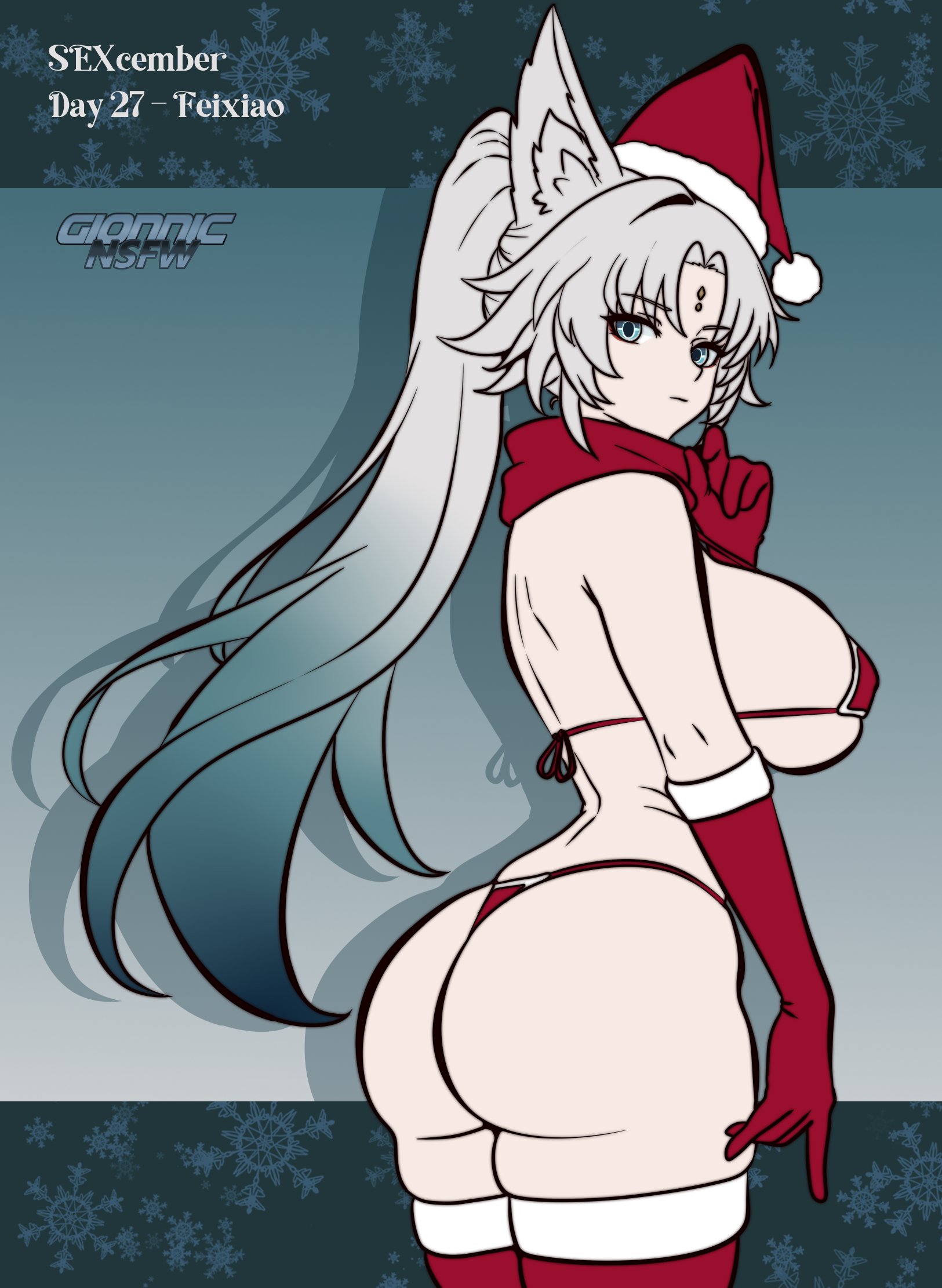 1girls, animal ears, artist logo, artist name, back, back view, big hips, bikini, blue eyes, breasts, christmas, christmas bikini, christmas clothing, christmas outfit, day count, feixiao (honkai: star rail), female, female focus, female only, forehead jewel, fox ears, fox girl, gionnic art, gionnic art (artist), gionnics, gloves, gradient background, hat, honkai: star rail, hourglass figure, light skin, light-skinned female, long hair, looking at viewer, pale blue eyes, red bikini, red eyes, red gloves, red hat, red scarf, red thighhighs, santa hat, scarf, sexcember, silver hair, snowflakes, thick ass, thick thighs, thighhighs, watermark