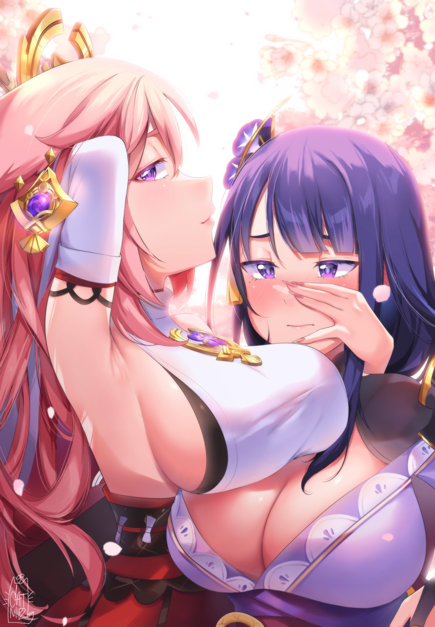 2girls, animal ears, blush, breasts, catniipz, cleavage, clothed, clothing, embarrassed, female, genshin impact, hair ornament, huge breasts, light skin, light-skinned female, looking at viewer, pink hair, purple eyes, purple hair, raiden shogun, seductive, sideboob, yae miko