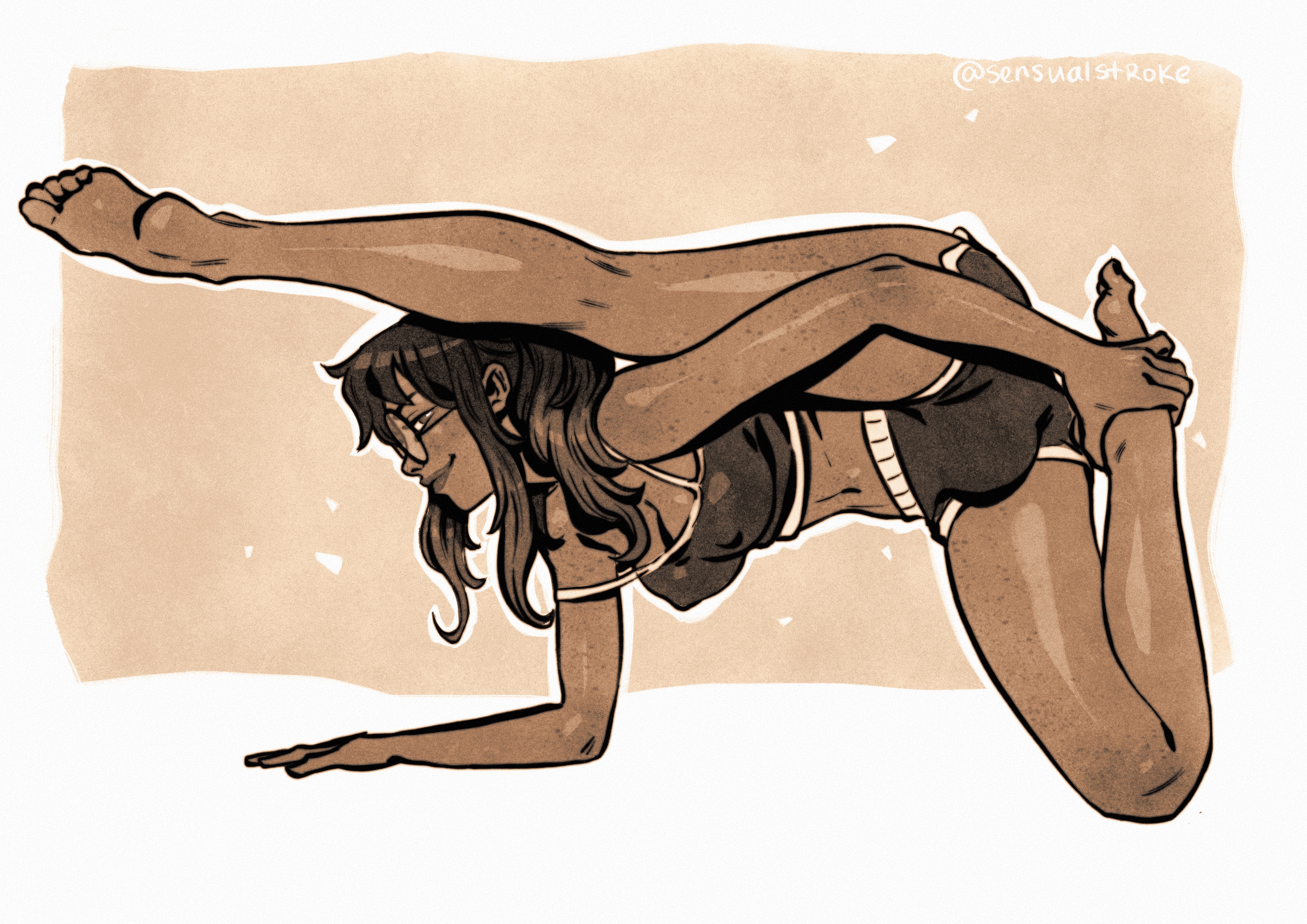 1futa, 2022, bare shoulders, barefoot, big penis, black hair, breasts, bulge, cleavage, clothed, clothing, colored, dark skin, dark-skinned futa, feet, flaccid, flexible, freckles, fully clothed, futa only, futanari, glasses, human, intersex, jessica hargrave, long hair, looking at viewer, penis, round glasses, sensualstroke, short shorts, shorts, side view, smile, smug, solo, stretching, tagme