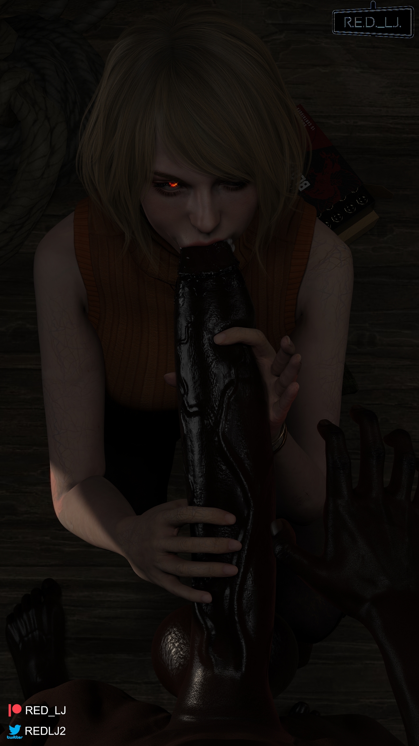1boy, 1girls, 1monster, 3d, ashley graham, ashley graham (ella freya), biohazard, blender (software), blonde, blonde female, blonde hair, blowjob, capcom, cock worship, corruption, dark skin, dark-skinned male, fellatio, female, interracial, male, mind control, oral, parasite, penis, red eyes, red lj, resident evil, resident evil 4, resident evil 4 remake, semen in mouth, unseen male face