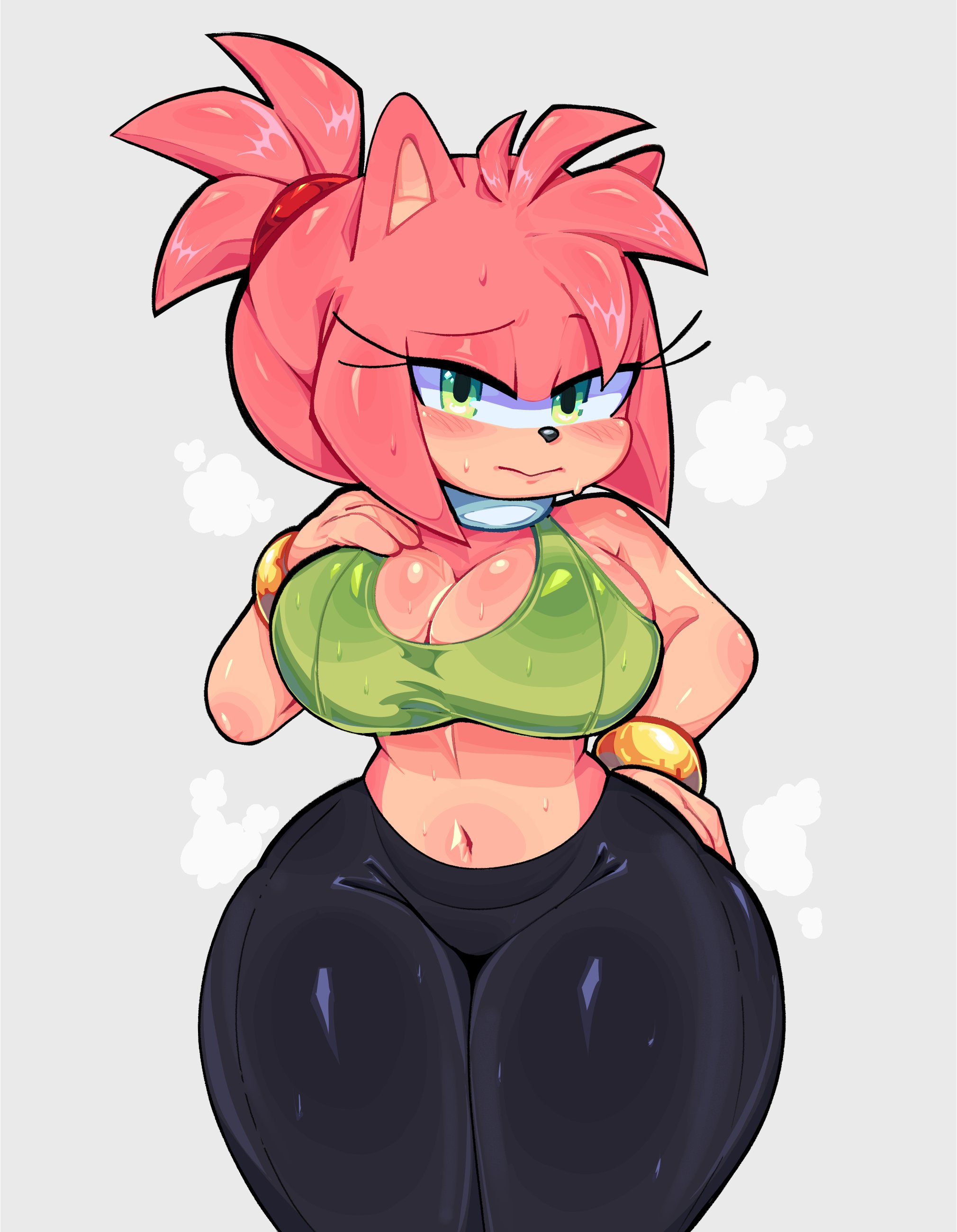 1girls, amy rose, anthro, breasts, cleavage, female, female focus, female only, furry, green eyes, hedgehog, hi res, hips, huge breasts, ichig8miruku, medium hair, pink hair, sega, solo, sonic (series), sonic the hedgehog (series), sportswear, sweat, sweaty body, thick thighs, thighs, wide hips, yoga pants