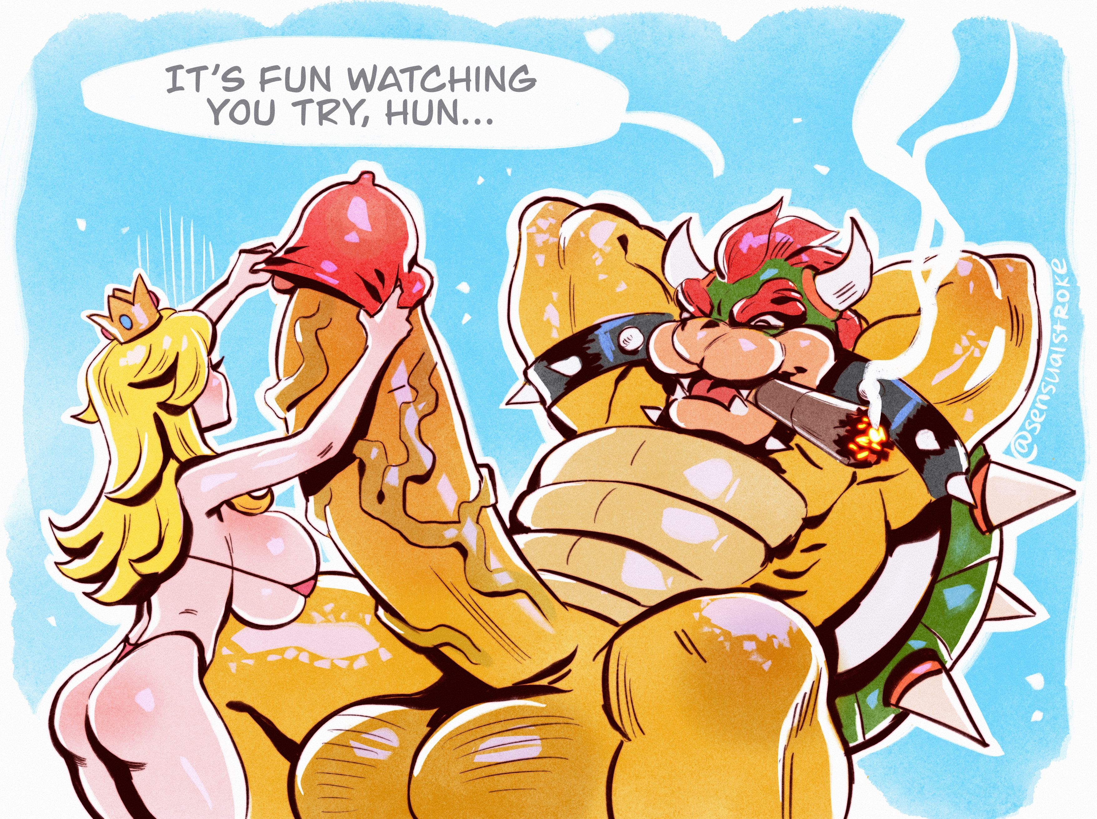 1boy, 1girls, big breasts, bikini, blonde hair, blue background, bowser, breasts, cigar, colored, condom, crown, english text, female, handjob, hands behind head, huge penis, impossible fit, interspecies, larger male, long blonde hair, long hair, male, mario (series), nintendo, nude, penis, princess peach, sensualstroke, simple background, size difference, smaller female, smoke, smoking cigar, speech bubble, standing, text, veiny penis, white border