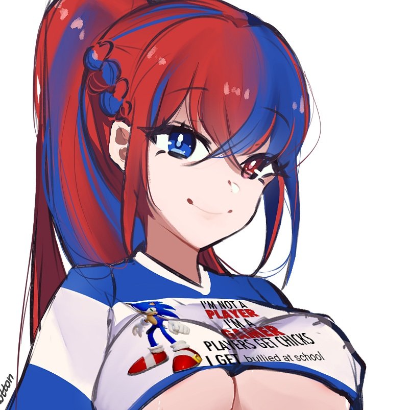 1girls alear_(female)_(fire_emblem) alear_(fire_emblem) blue_eyes braid breasts english_text female female_only fire_emblem fire_emblem_engage heterochromia large_breasts long_hair looking_at_viewer nintendo no_bra ponytail red_eyes serafineart1001 shirt smile solo sonic_the_hedgehog underboob