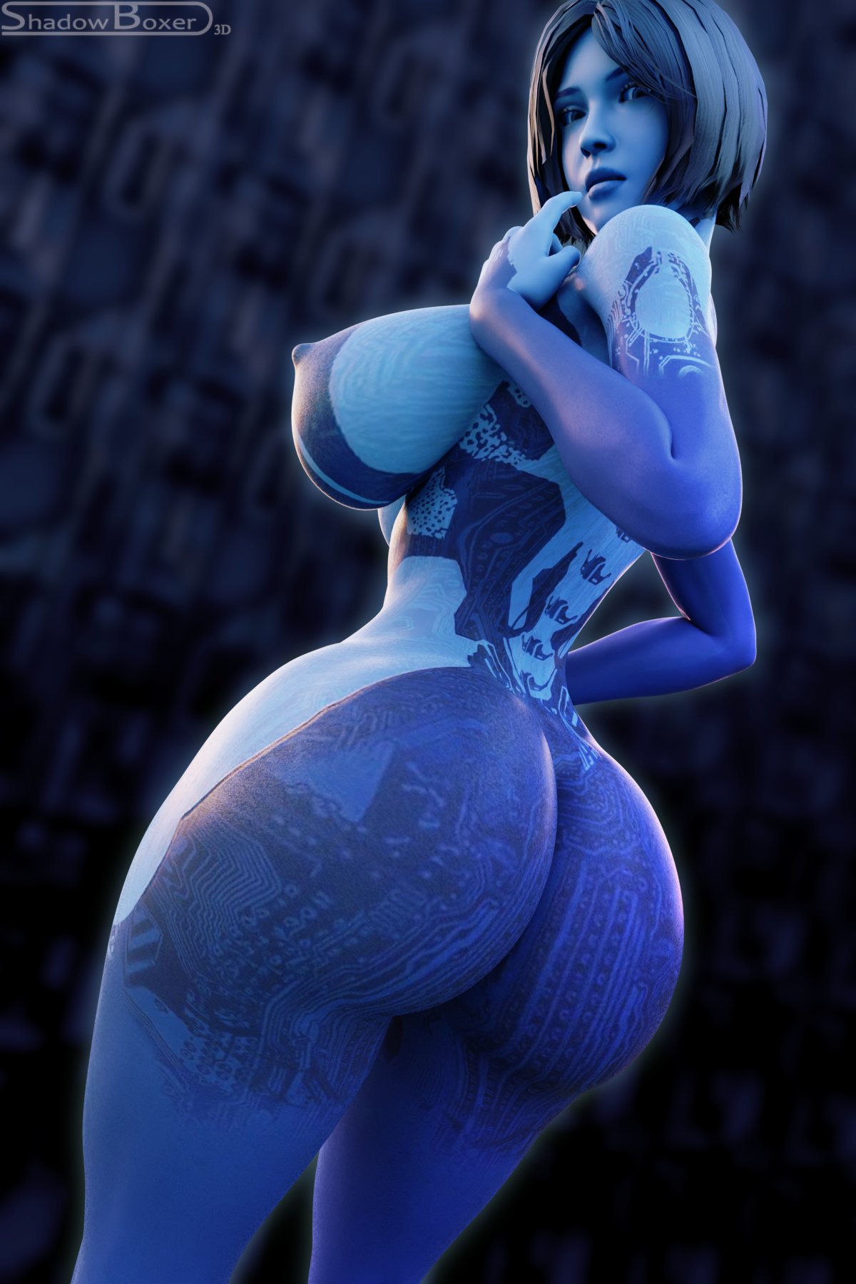 2023 3d big_ass big_breasts blue_eyes blue_hair blue_skin breasts cortana cortana_v2 female female_focus female_only halo_(game) halo_(series) halo_4 hologram huge_ass looking_at_viewer microsoft nipples shadowboxer tagme watermark xbox xbox_game_studios