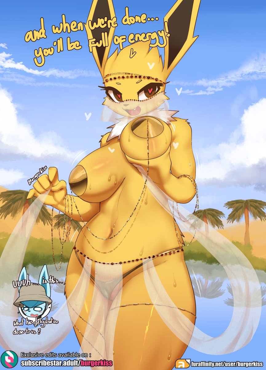 1boy 1girls anthro belly_button belly_dancer belly_dancer_outfit big_breasts blush breasts burgerkiss creatures_(company) eeveelution female game_freak glaceon glasses gold_pasties harem_girl harem_outfit heart heart-shaped_pupils hearts jolteon male nintendo pokémon_(species) pokemon pokemon_(species) pokemon_dppt pokemon_rgby sweat vagina