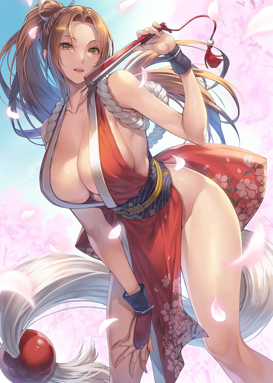 1girls bare_legs bare_shoulders breasts brown_eyes brown_hair cherry_blossoms cleavage collarbone falling_petals fatal_fury female folding_fan hagure_keg hand_on_own_thigh high_ponytail holding_fan japanese_clothes king_of_fighters large_breasts long_hair looking_at_viewer mai_shiranui ninja no_bra pelvic_curtain ponytail revealing_clothes sideboob thighs