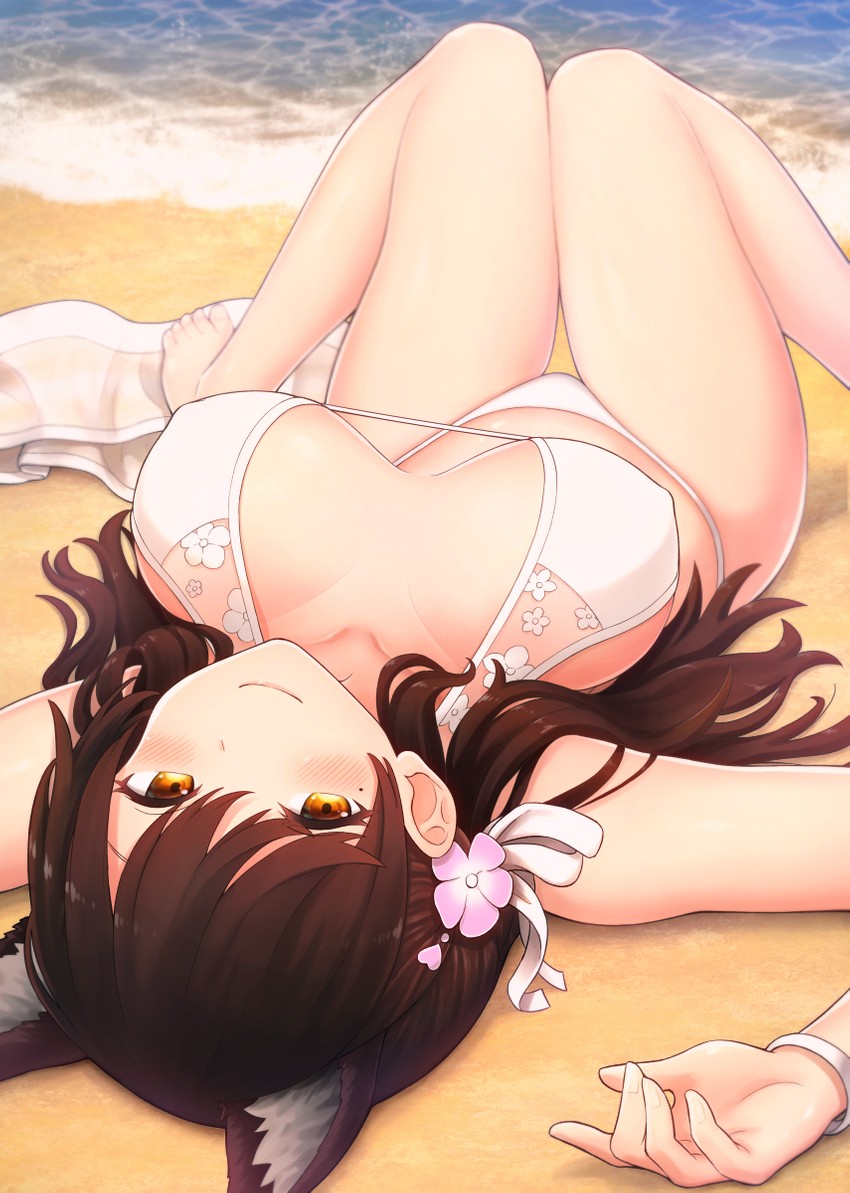 1girls, animal ears, atago (azur lane), atago (summer march) (azur lane), azur lane, barefoot, beach, big breasts, bikini, black hair, bracelet, breasts, breasts apart, brown eyes, cat ears, cat girl, catgirl, commentary request, contllenge, female, flower, foreshortening, hair flower, hair ornament, jewelry, knees together feet apart, large breasts, light skin, light-skinned female, long hair, looking at viewer, lying, mole, mole under eye, multi ear, on back, otonari, outdoors, ribbon, sakura empire (azur lane), sand, smile, solo, swept bangs, swimsuit, thigh gap, upside-down, water, waves, white bikini, white flower, white ribbon