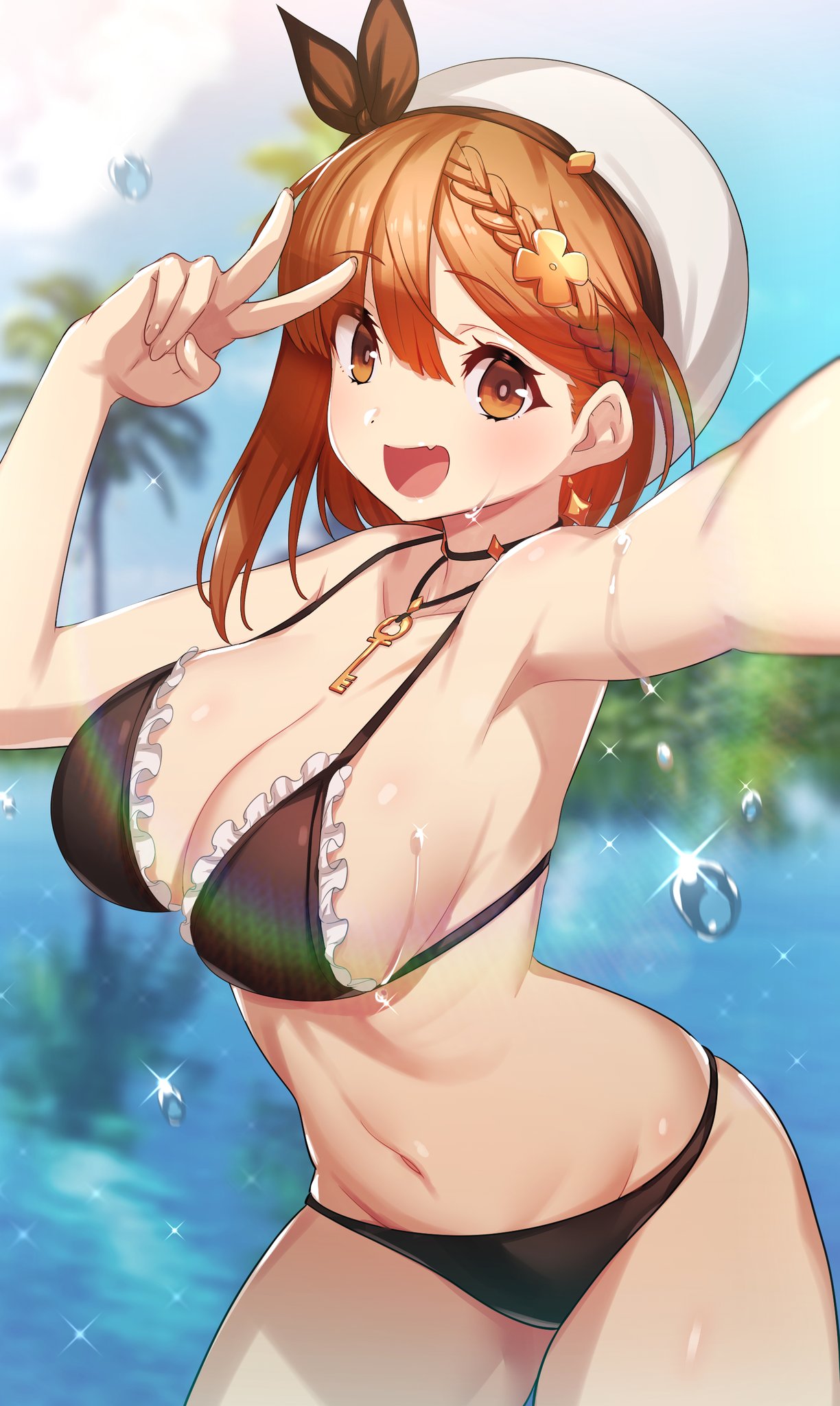 armpits atelier_(series) atelier_ryza bikini bow breasts brown_hair camera_view green322 hat midriff reisalin_stout selfie short_hair smile swimsuit thighs wet