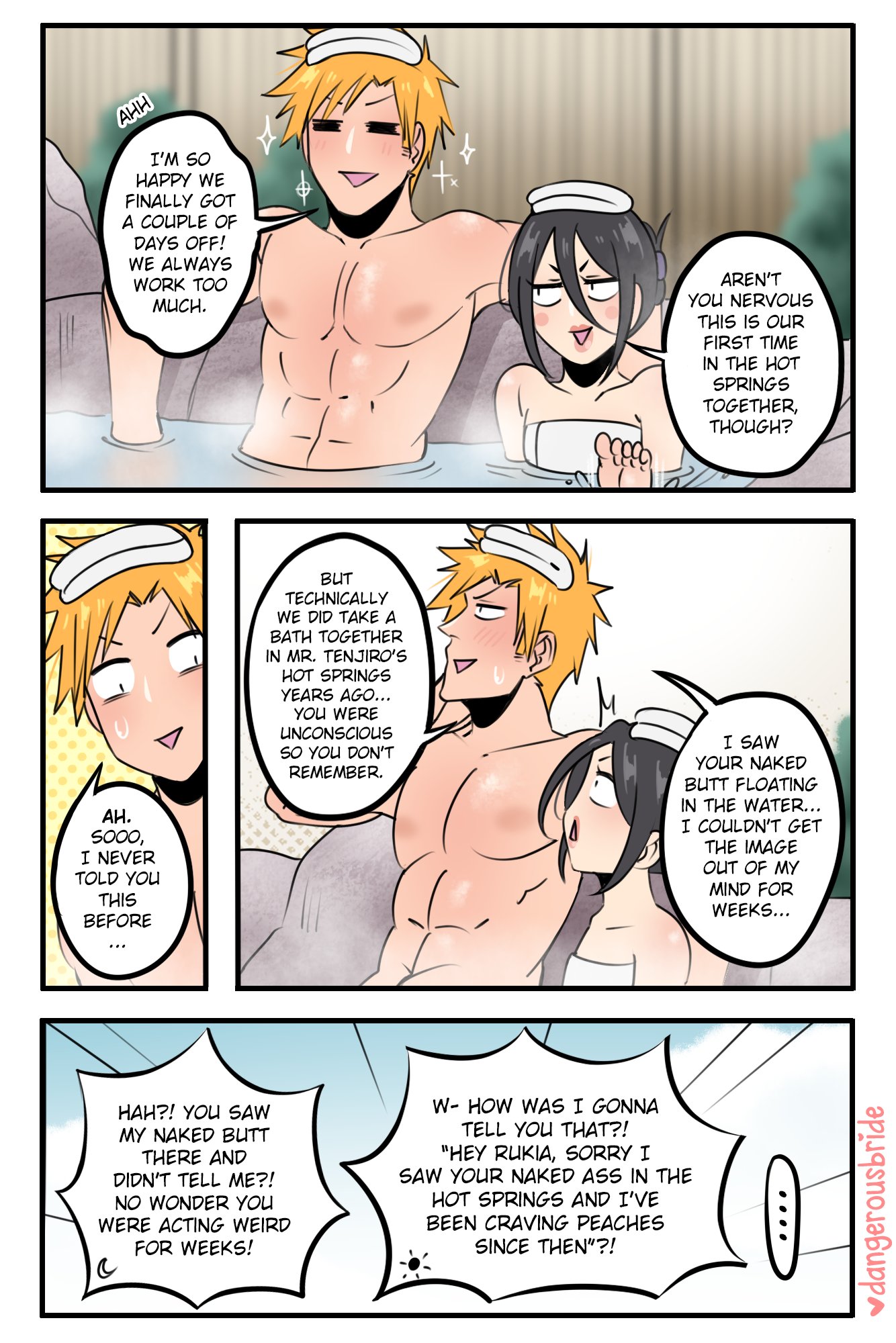 1boy, 1girls, bathing, bathing together, bleach, blush, dangerousbride, dialogue, english text, female, hot spring, ichigo kurosaki, in water, kuchiki rukia, male, male/female, mixed bathing, onsen, orange hair, shirtless, speech bubble, straight, text, text focus