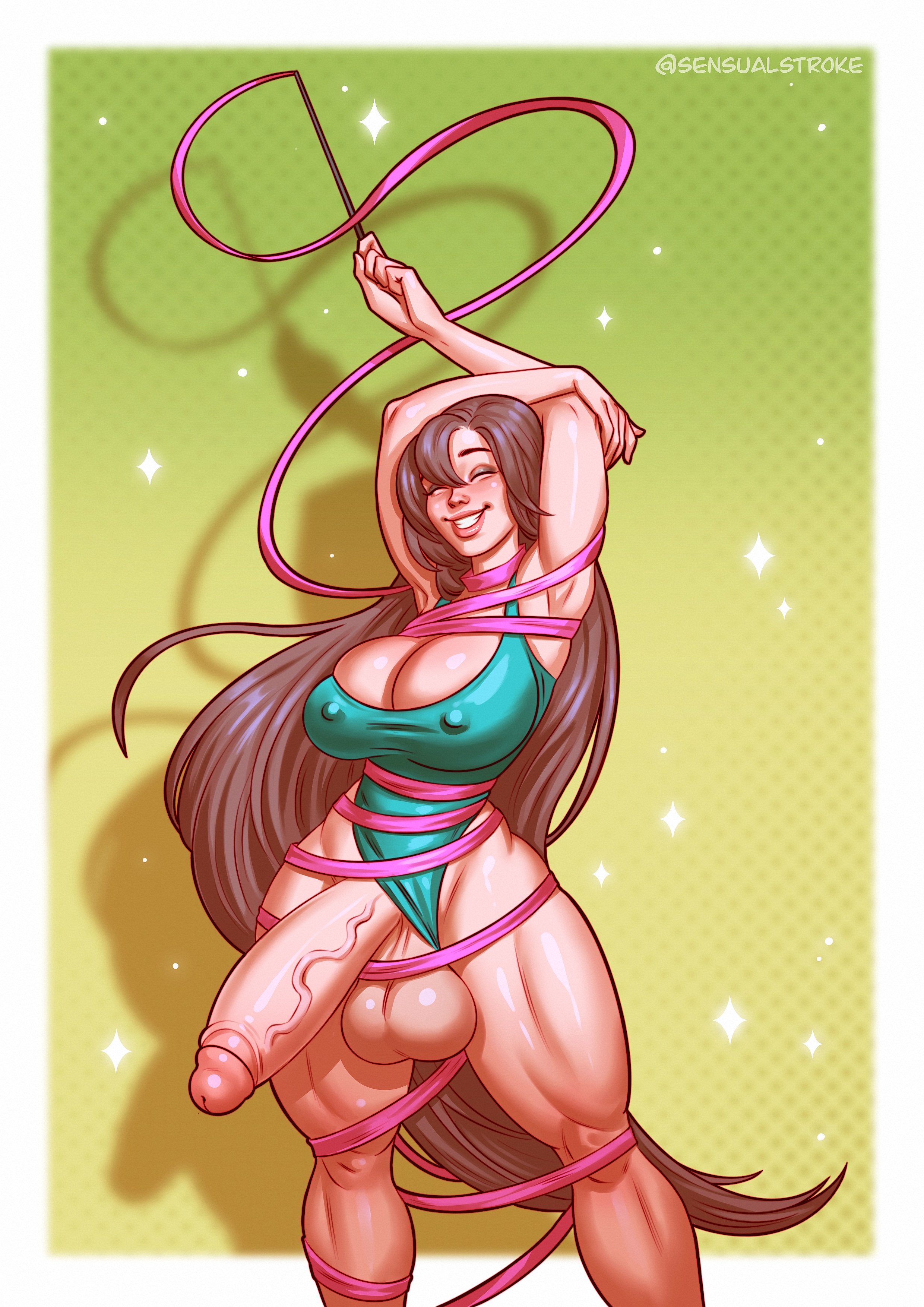 1futa, 2021, arms up, athletic, balls, big balls, big breasts, big penis, breasts, brown hair, cleavage, closed eyes, clothed, clothing, colored, erection, futa only, futanari, huge cock, human, intersex, leotard, light skin, light-skinned futa, long hair, paid reward, partially clothed, penis, ribbon, sensualstroke, smile, smooth balls, solo, standing, thick thighs, toned, wide hips