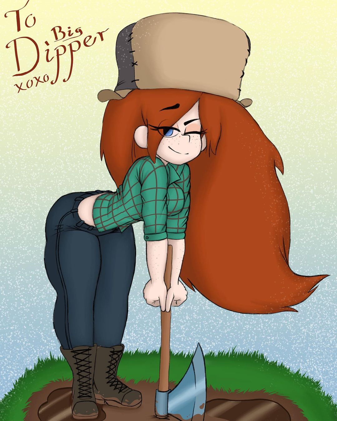 axe bending_forward bending_over bent_over disney disney_channel disney_xd flannel flannel_shirt fully_clothed gravity_falls jeans peppyrobo straight_hair wendy_corduroy white_female