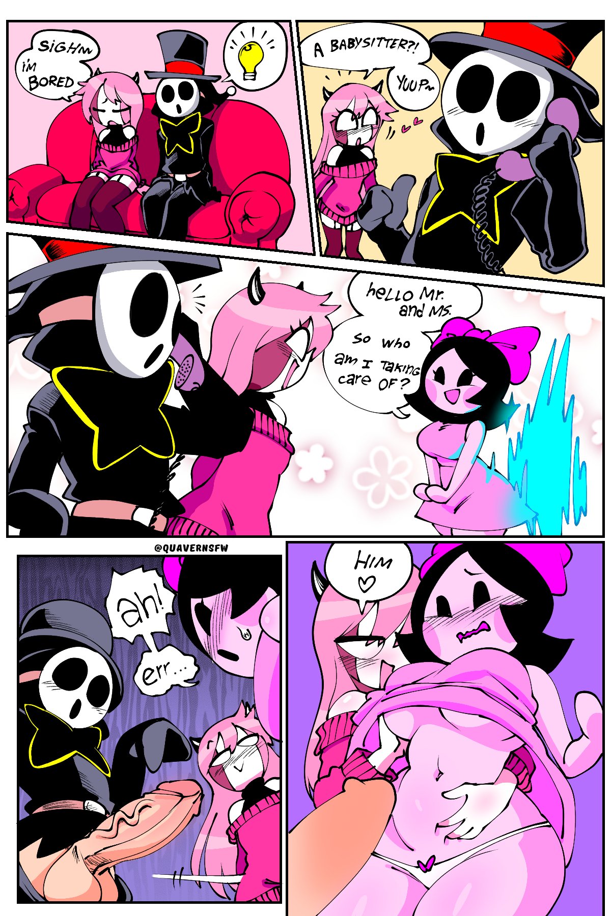 1boy 2girls anti_groove balls big_breasts black_eyes black_hair blush breast_grab breasts comic comic_page commission couch demon demon_girl demon_horns dialogue english_text friday_night_funkin girl_(sock.clip) heart horn legwear mario_(series) mask mid-fight_masses mid_fight_masses penis phone pink_hair quavernsfw sarvente_(dokki.doodlez) shy_guy speech_bubble surprised sweat sweater top_hat underwear white_eyes