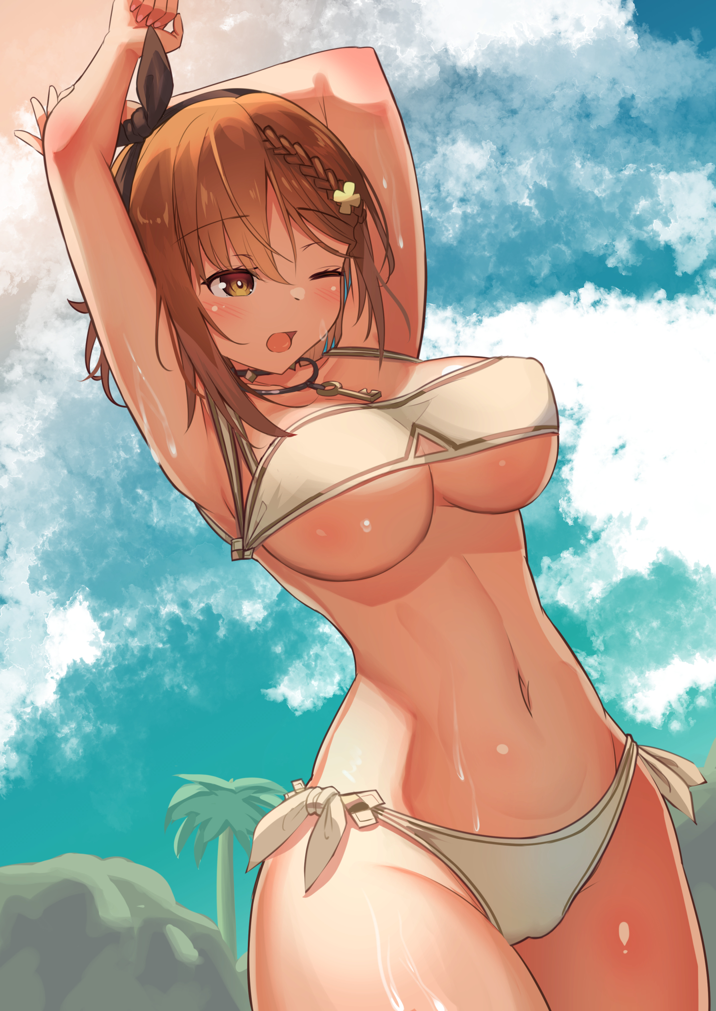 1girls, armpits, arms up, atelier (series), atelier ryza, atelier ryza 2, bikini, black hairband, blurry, blurry background, braid, breasts, brown bikini, brown eyes, brown hair, cloud, female, hair between eyes, hair ornament, hairband, hairpin, highres, jewelry, key necklace, large breasts, light skin, light-skinned female, looking down, navel, necklace, one eye closed, open mouth, outdoors, palm tree, reisalin stout, shiny skin, short hair, side-tie bikini bottom, sky, sole female, solo, swimsuit, tree, underboob, wet, yuutopia