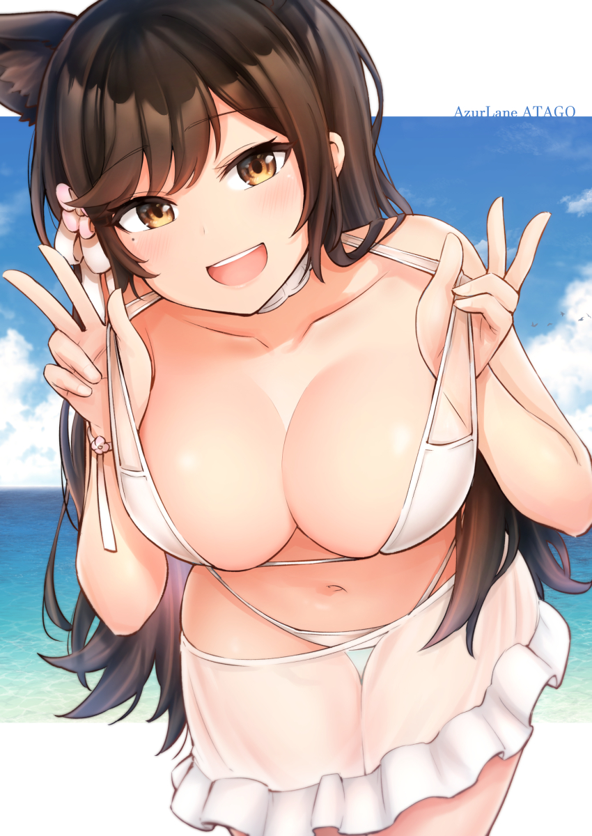 1girls, animal ears, atago (azur lane), atago (summer march) (azur lane), azur lane, beach, big breasts, bikini, black hair, bracelet, breasts, breasts apart, brown eyes, cat ears, cat girl, catgirl, cleavage, commentary request, contllenge, female, flowerforeshortening, hair flower, hair ornament, jewelry, large breasts, light skin, light-skinned female, long hair, looking at viewer, mole, mole under eye, multi ear, otonari, outdoors, ribbon, sakura empire (azur lane), sand, smile, solo, swept bangs, swimsuit, thigh gap, water, waves, white bikini, white flower, white ribbon