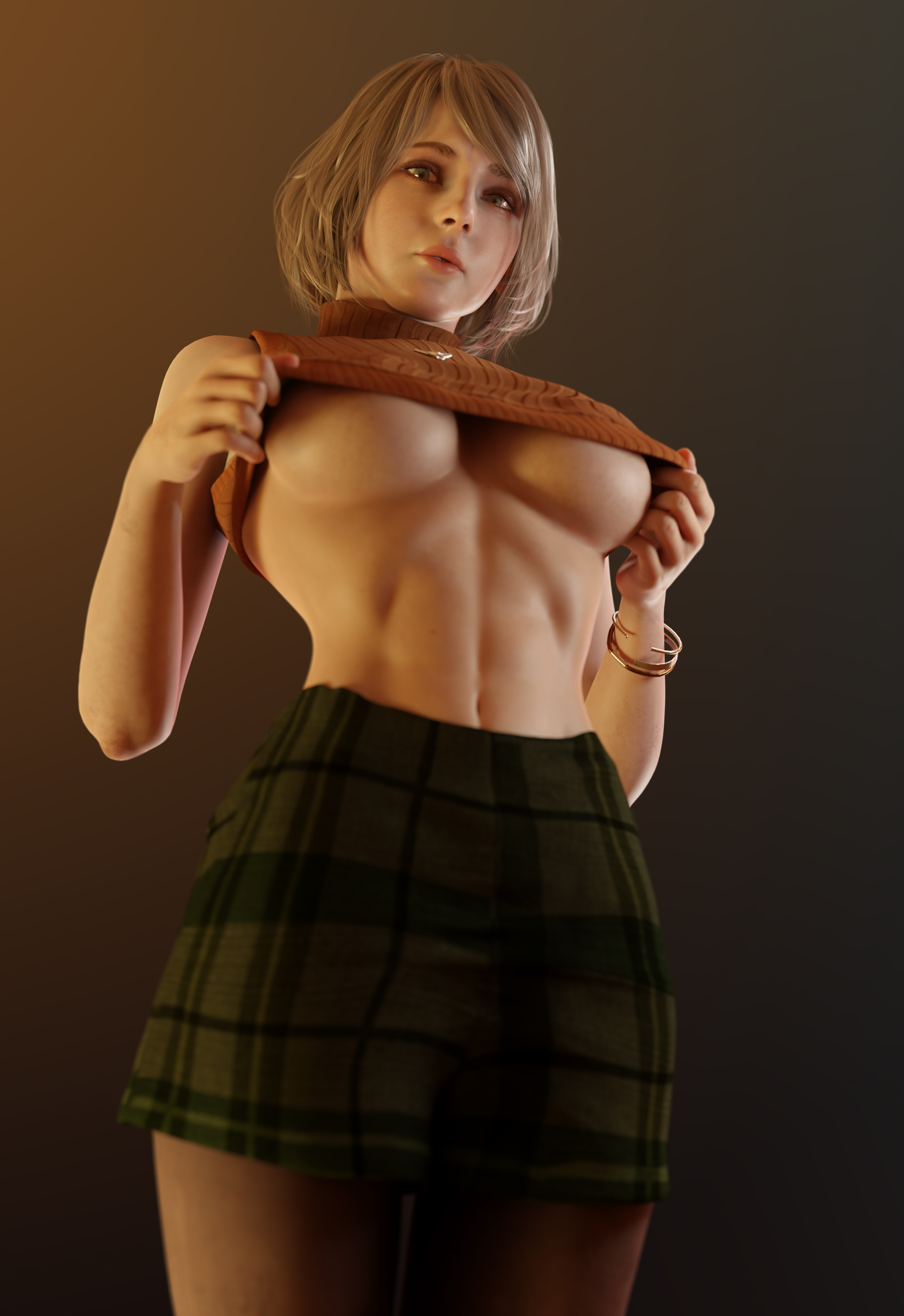 1girls, 3d, abs, ashley graham, ashley graham (ella freya), batesz, belly, big breasts, blonde hair, breasts, capcom, exposed belly, female, female only, hourglass figure, lifting clothing, lifting own clothes, lifting shirt, light skin, light-skinned female, looking at viewer, medium breasts, obliques, orange clothing, resident evil, resident evil 4, resident evil 4 remake, shirt lift, short hair, skirt, solo, standing, straight hair, toned, toned female, underboob