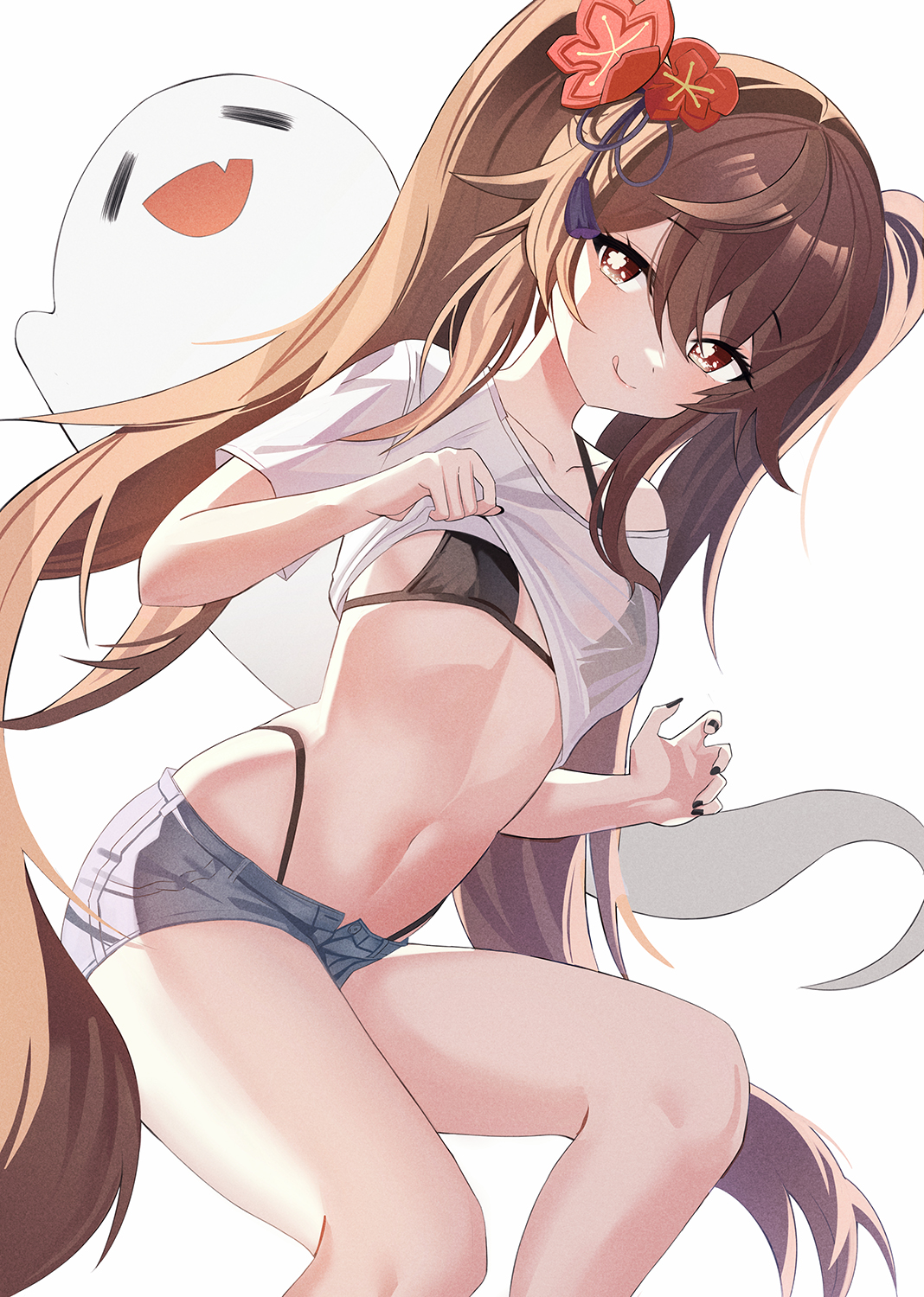 :p, 1girls, alternate costume, bikini, bikini under clothes, brown hair, female, genshin impact, hu tao (genshin impact), long hair, looking at viewer, nail polish, smile, very long hair