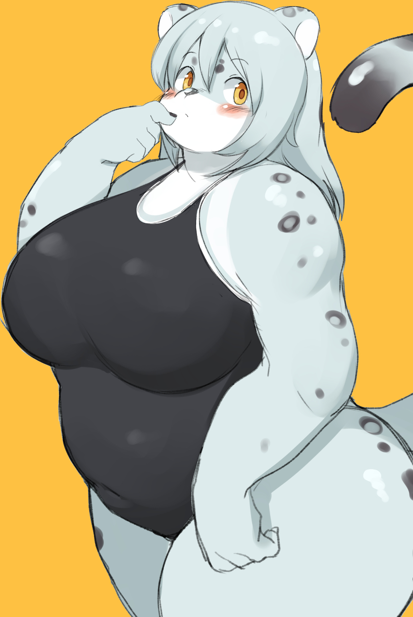 adorable akitaka anthro big_breasts blush breasts chubby chubby_female clothed clothing cute cute_face fat felid female female_only fingers fur grey_body grey_fur grey_hair hair hi_res huge_breasts kemono long_hair mammal multicolored_body multicolored_fur one-piece_swimsuit overweight overweight_anthro overweight_female pantherine simple_background snow_leopard solo solo_female swimwear thick_thighs two_tone_body two_tone_fur yellow_background yellow_eyes