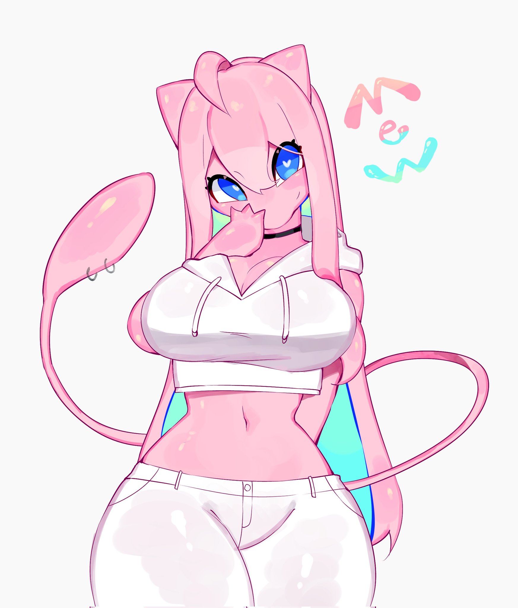 alternate species, big breasts, big tail, blue eyes, blush, breasts, clothed, clothing, cute, cute face, female, female only, hair, hi res, humanoid, humanoidized, legendary pokemon, looking at viewer, mew, navel, nintendo, pink body, pink hair, pink skin, pokemon, pokemon (species), solo, solo female, species name, togetoge, white clothes, white clothing