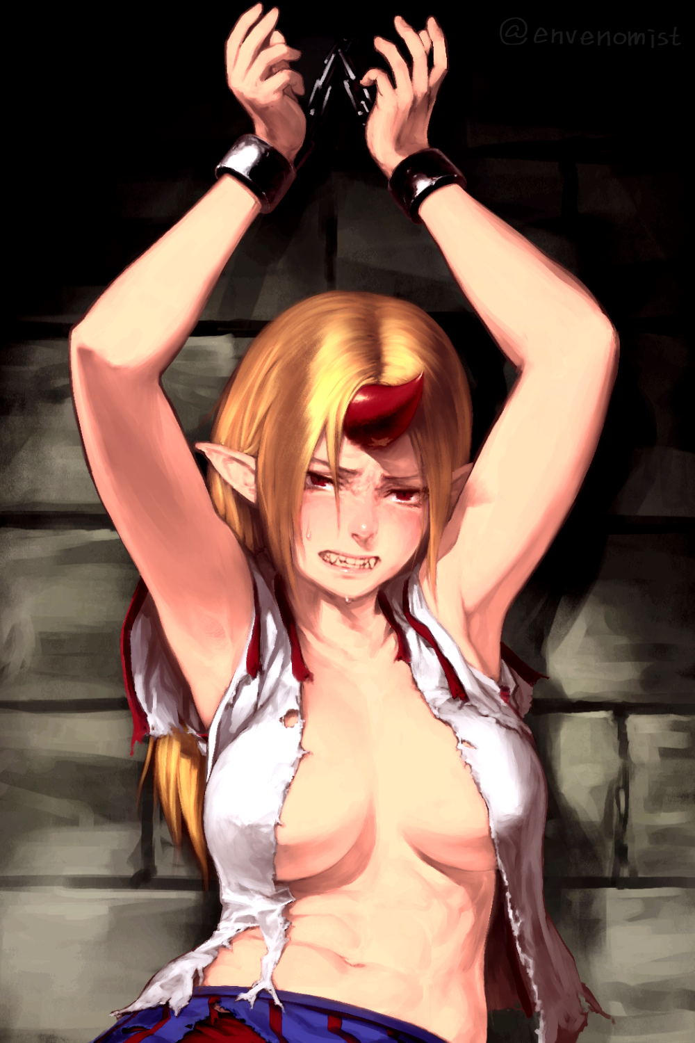 abs angry armpits arms_up blonde_hair bondage bound breasts captured chained clenched_teeth fangs female female_only femsub gengoroumaru_(ambidextrous) horn hoshiguma_yuugi long_hair looking_at_viewer muscular_sub oni oni_horns open_clothes pointy_ears red_eyes red_horn shackles sharp_teeth toned_female torn_clothes touhou