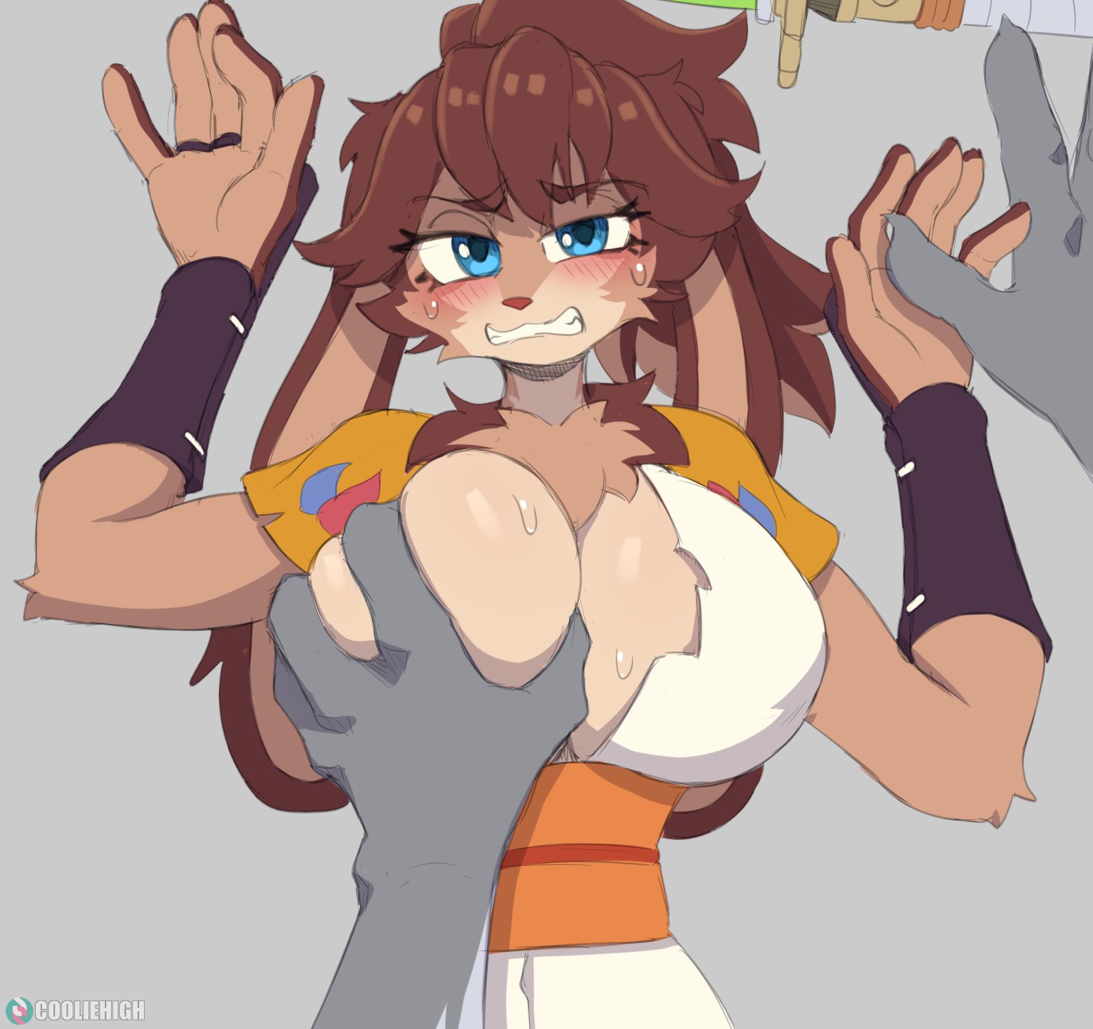 2023, adorable, anthro, areola, armlet, big breasts, biped, bite, biting lip, blue eyes, bottomwear, bra, breasts, brown body, brown hair, chest tuft, clothing, cooliehigh, cute, cute face, digital media (artwork), disney, domestic rabbit, eyebrows, eyelashes, female, gloves (marking), grey body, grey skin, hair, hi res, huge breasts, imminent rape, imminent sex, lagomorph, lepi (species), leporid, looking at viewer, lop (star wars visions), lop (star wars), lop rabbit, male, mammal, markings, nipples, nude, oryctolagus, rabbit, rape, star wars, star wars visions, thick thighs