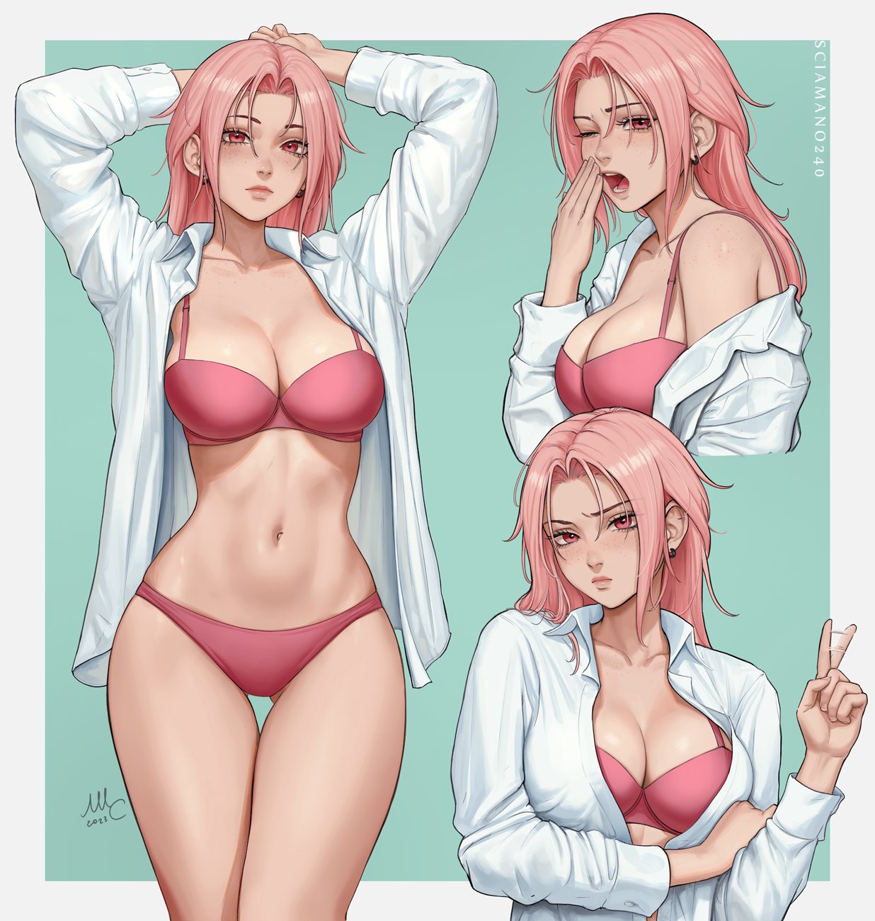 1girls big_breasts bikini busty chloe_(sciamano240) cleavage clothing different_poses female female_only freckles large_breasts looking_at_viewer navel oc open_mouth original pink_eyes pink_hair pout sciamano240 solo tagme thick_thighs wide_hips yawn