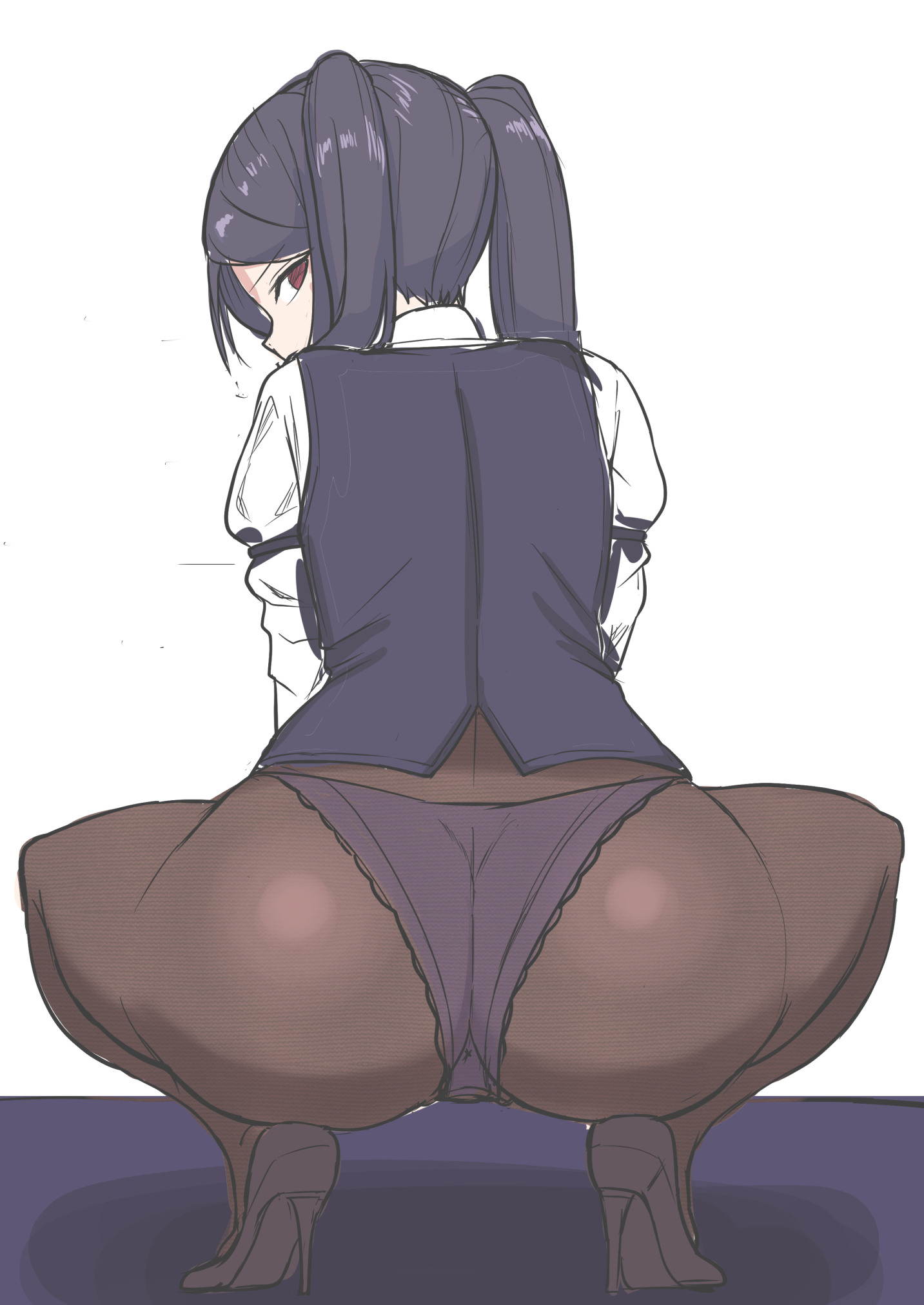 1girls, ass, bartender, big ass, female, female only, julianne stingray, looking at viewer, looking back, panties, panties under pantyhose, pantyhose, purple hair, red eyes, solo, squatting, twintails, underwear, va-11 hall-a, voluptuous