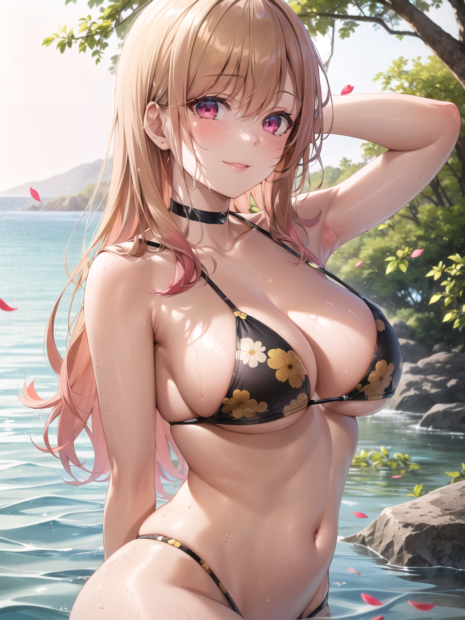 1girls, ai generated, arm behind head, armpits, big breasts, bikini, blonde hair, breasts, busty, cleavage, curvaceous, curvy body, curvy female, curvy figure, female, hi res, kitagawa marin, large breasts, long hair, navel, pose, posing, seductive eyes, seductive look, seductive smile, sensual, smile, sono bisque doll wa koi wo suru, stable diffusion, wet