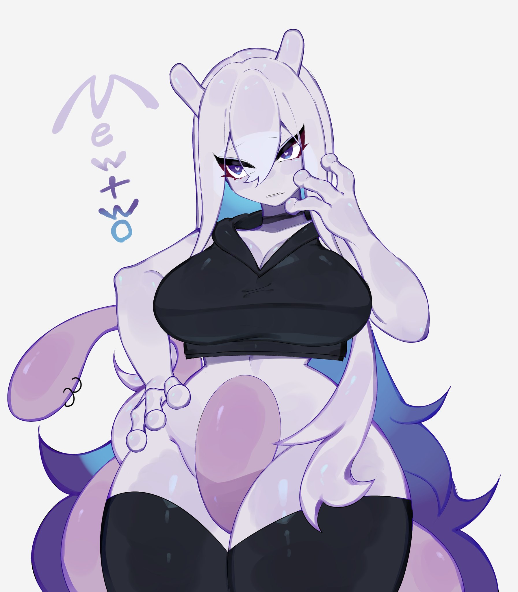 3 fingers, alternate species, big breasts, big tail, black clothes, black clothing, blue eyes, blue hair, blush, breasts, clothed, clothing, cute, cute face, female, female only, hair, heart, heart eyes, hi res, humanoid, humanoidized, legendary pokemon, long hair, looking at viewer, mewtwo, navel, nintendo, pink body, pink skin, pokemon, pokemon (species), purple eyes, purple hair, shy, solo, solo female, species name, tail piercing, togetoge
