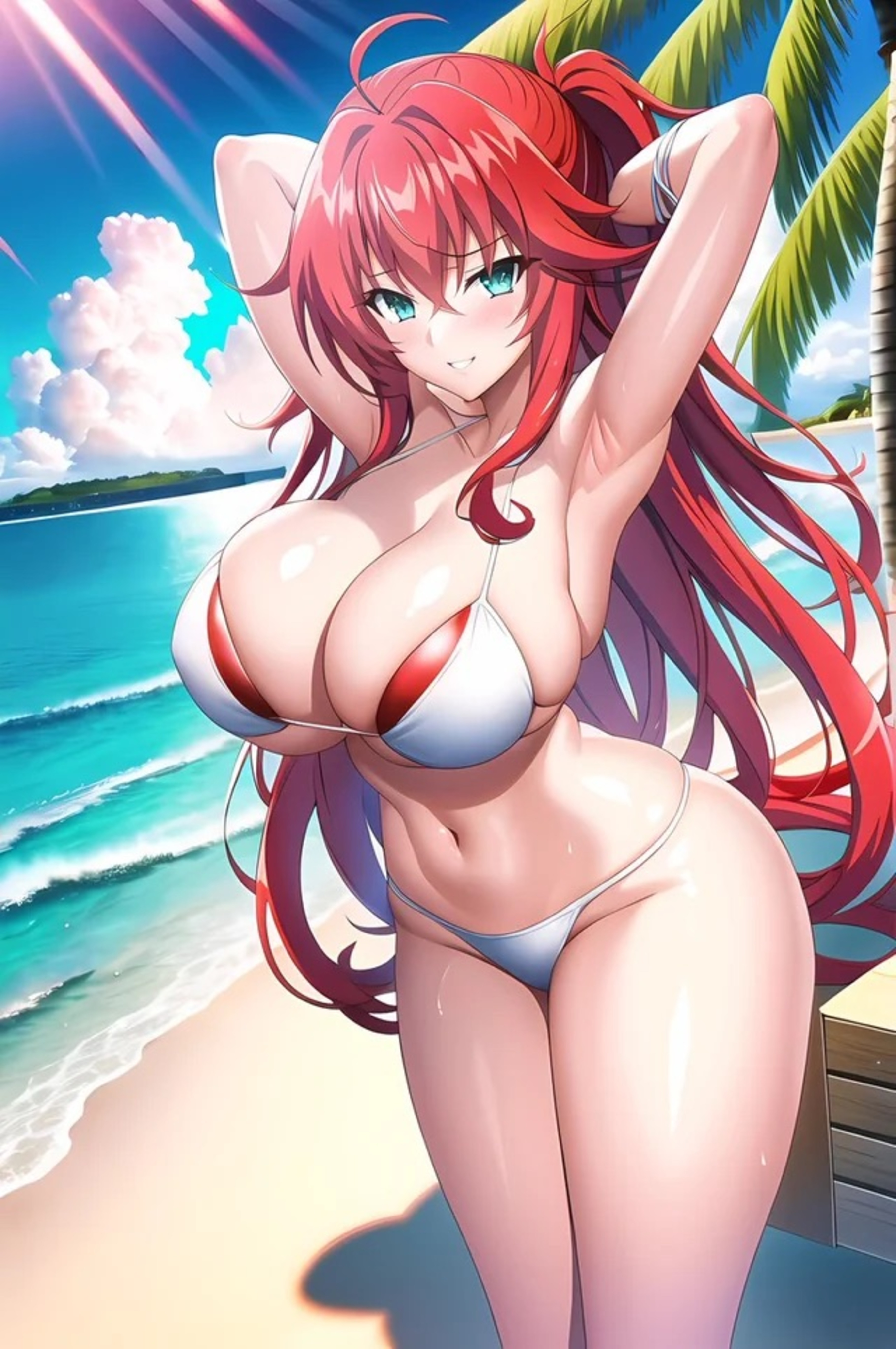 1girls, ai generated, aqua eyes, armpits, arms behind head, beach, big breasts, breasts, bursting breasts, busty, child bearing hips, cleavage, female, female only, hi res, high school dxd, large breasts, legs, looking at viewer, navel, ocean, ponytail, pose, posing, red hair, rias gremory, sensual, sexy armpits, smile, solo, sweat, thighs, very long hair, voluptuous, water