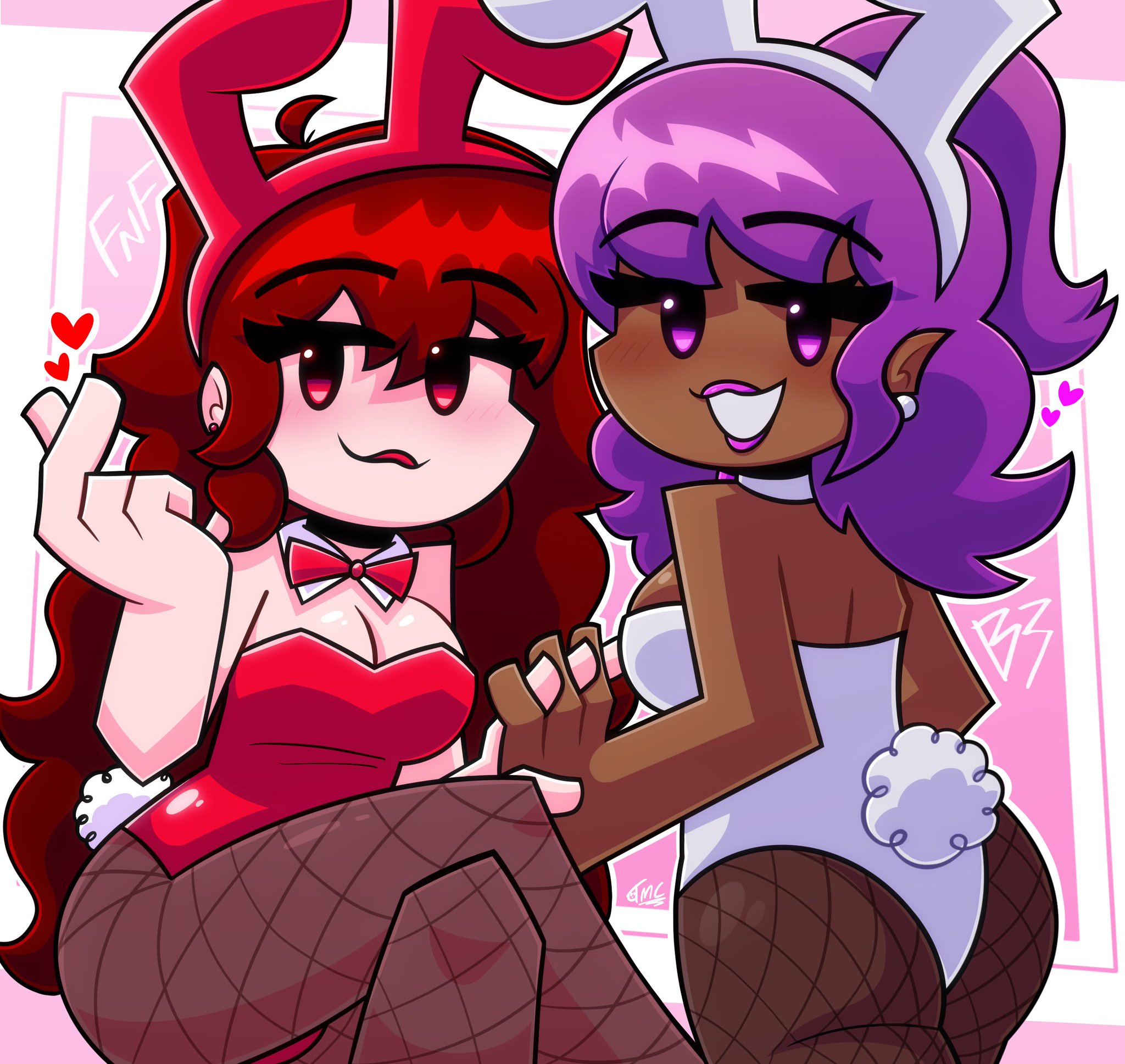 2girls, ass, b3 gf (blazethewolf55), big breasts, blush, breasts, bunny costume, bunny ears, bunny girl, bunny tail, bunnysuit, dark skin, dark-skinned female, female, friday night funkin, friday night funkin (b3 mod), friday night funkin mod, girlfriend (friday night funkin), holding hands, light skin, light-skinned female, lipstick, looking at viewer, looking back, pink eyes, pink lipstick, purple hair, red eyes, red hair, red lipstick, shaya dearest, simple background, smile, themaskedchris, trans woman, transfem