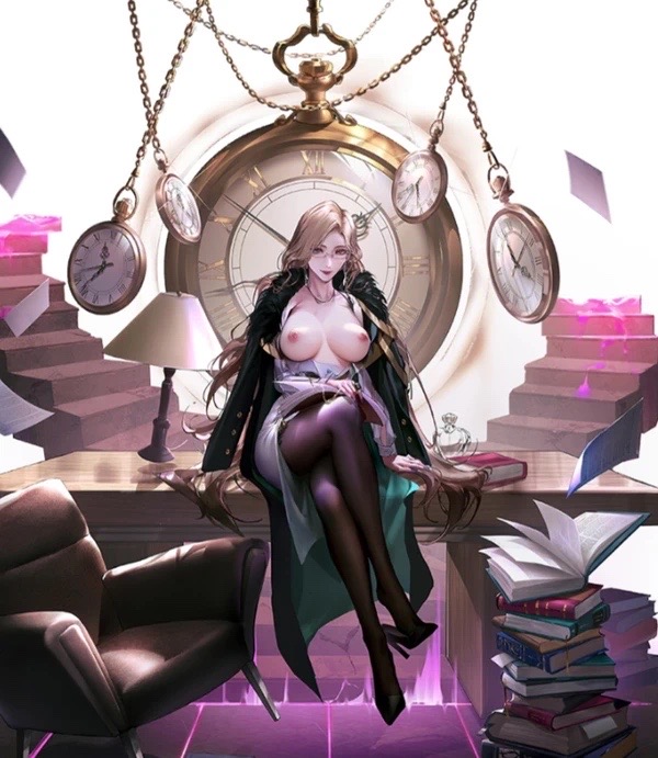 1girls ai_generated blue_eyes breasts breasts_out brown_hair chameleon_(path_to_nowhere) clock erect_nipples exposed_breasts female glasses heels hypnotizing_viewer legs path_to_nowhere pocket_watch solo solo_female solo_focus therapist tights