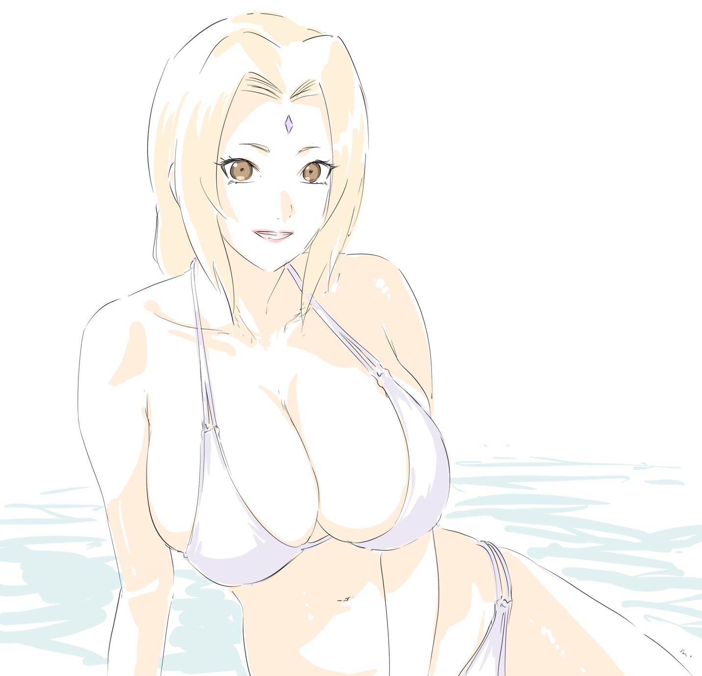 1girls, big breasts, bikini, blonde hair, boruto: naruto next generations, breasts, brown eyes, busty, cleavage, female, female focus, female only, forehead jewel, forehead mark, hi res, high resolution, highres, large breasts, light skin, light-skinned female, lips, lipstick, looking at viewer, makeup, mature, mature female, mi (artist), milf, naruto, naruto (classic), naruto (series), naruto shippuden, naruto: the last, ocean, on side, pale skin, pale-skinned female, panties, pink lips, pink lipstick, pinup, pose, posing, shounen jump, sitting, smile, smiling, smiling at viewer, solo, solo female, solo focus, swimsuit, tsunade, voluptuous, voluptuous female, white bikini, white panties, white swimsuit